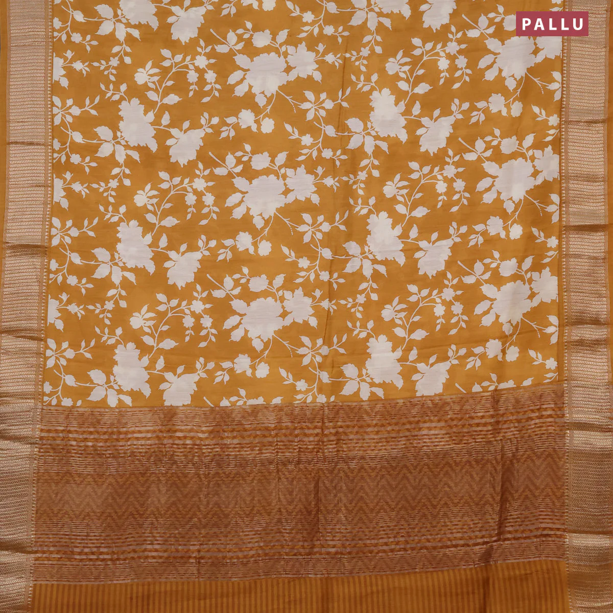 Assam silk saree mustard yellow with allover floral prints and zari woven border - Image 3