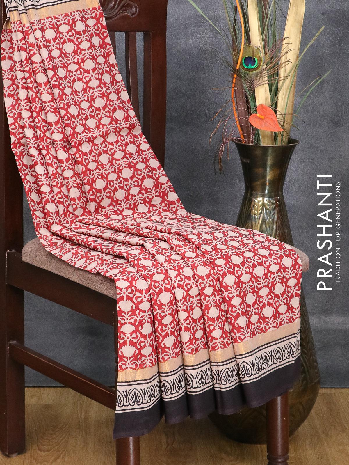 Assam silk saree red and black with allover prints and zari woven simple border - Image 2