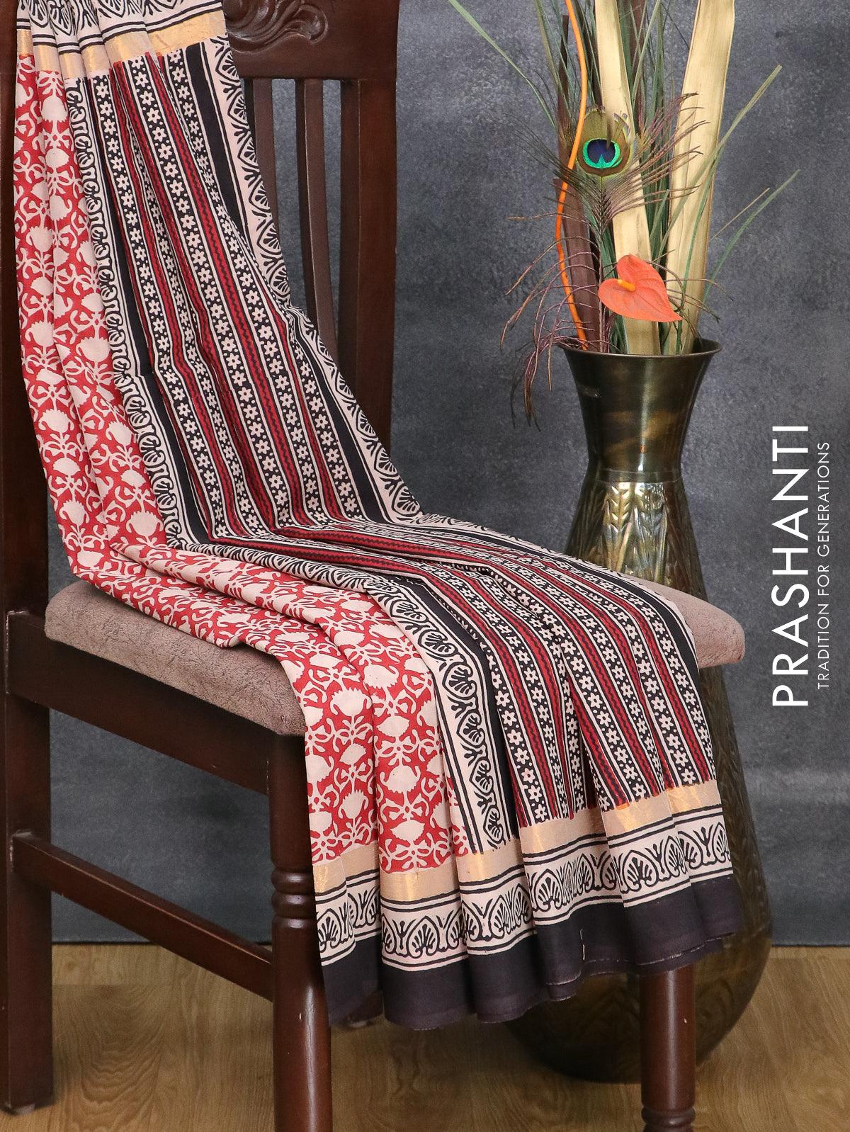 Assam silk saree red and black with allover prints and zari woven simple border - Image 3