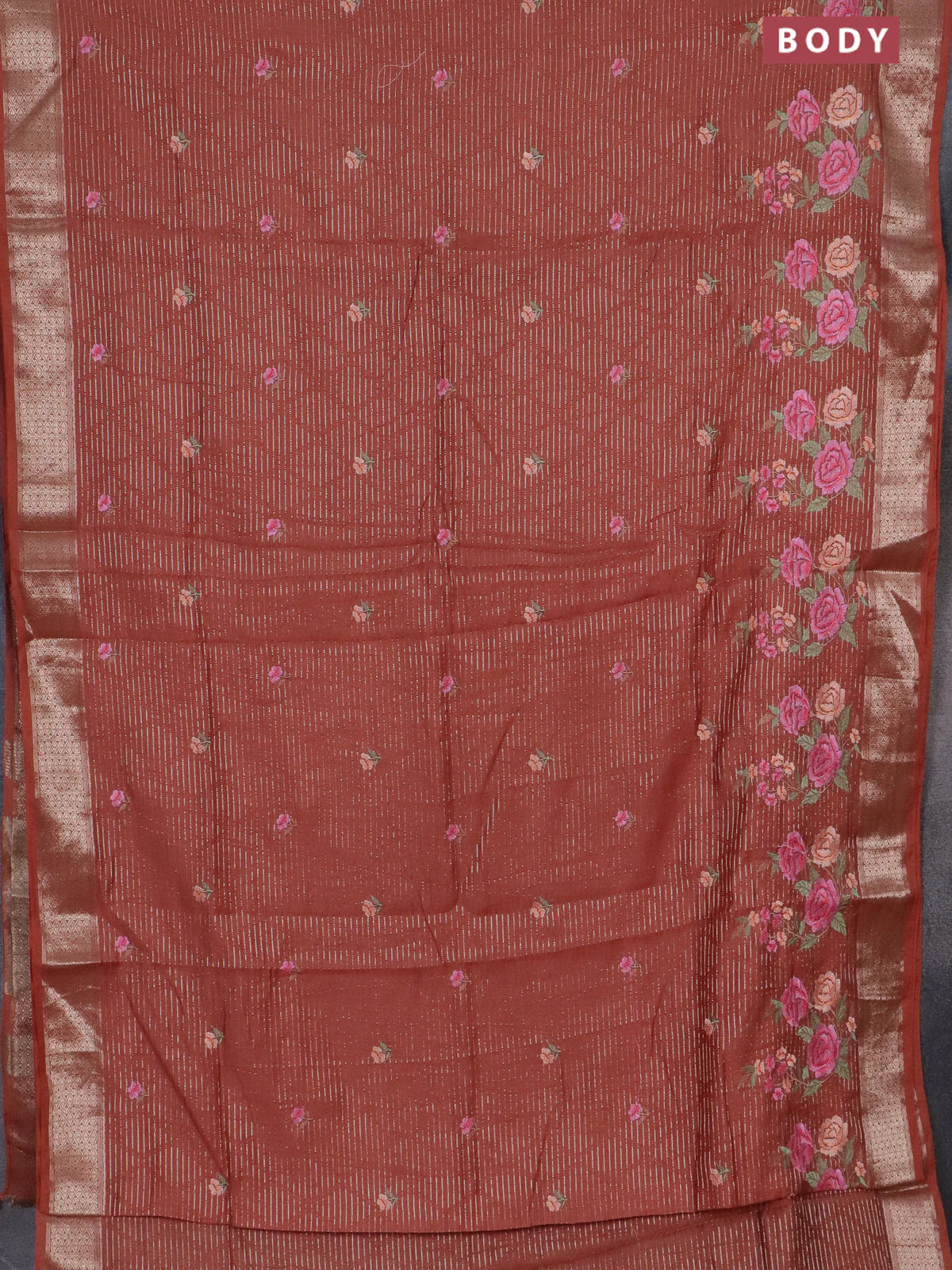 Assam silk saree rust shade with allover zari weaves & floral embroidery work buttas and zari woven border - Image 2