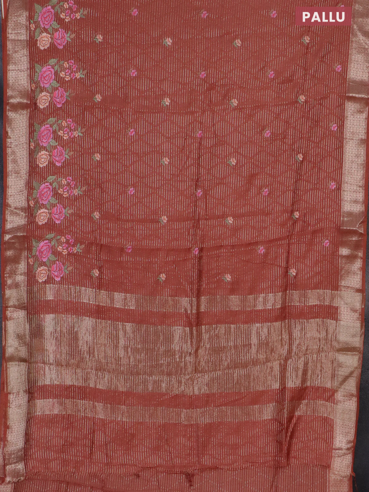 Assam silk saree rust shade with allover zari weaves & floral embroidery work buttas and zari woven border - Image 3