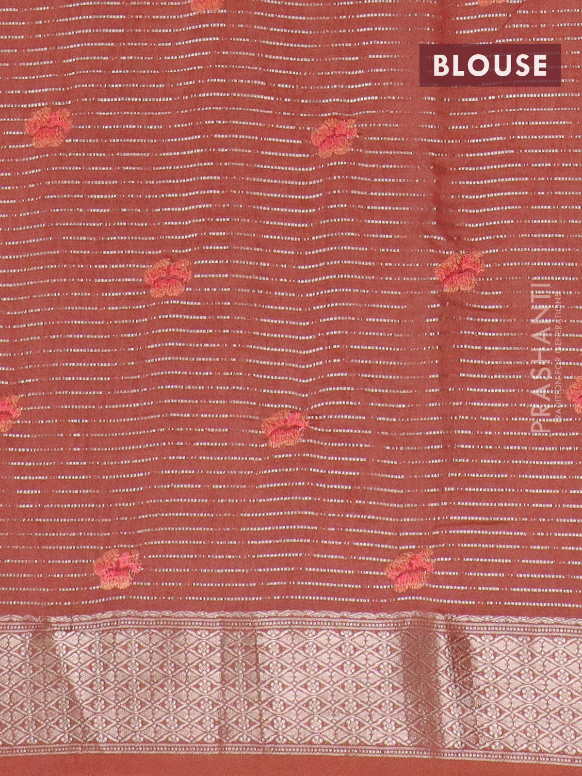 Assam silk saree rust shade with allover zari weaves & floral embroidery work buttas and zari woven border - Image 4