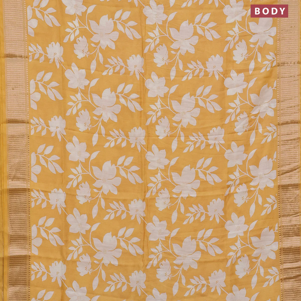 Assam silk saree yellow with allover floral prints and zari woven border - Image 2