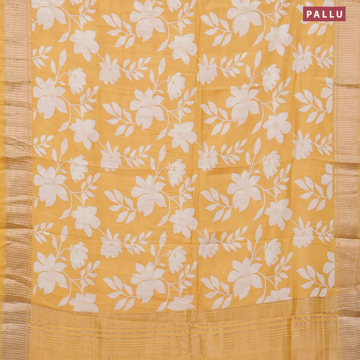 Assam silk saree yellow with allover floral prints and zari woven border - Image 3
