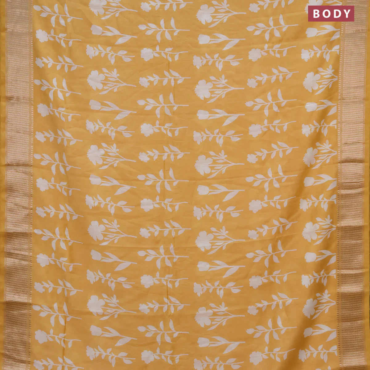 Assam silk saree yellow with floral butta prints and zari woven border - Image 2