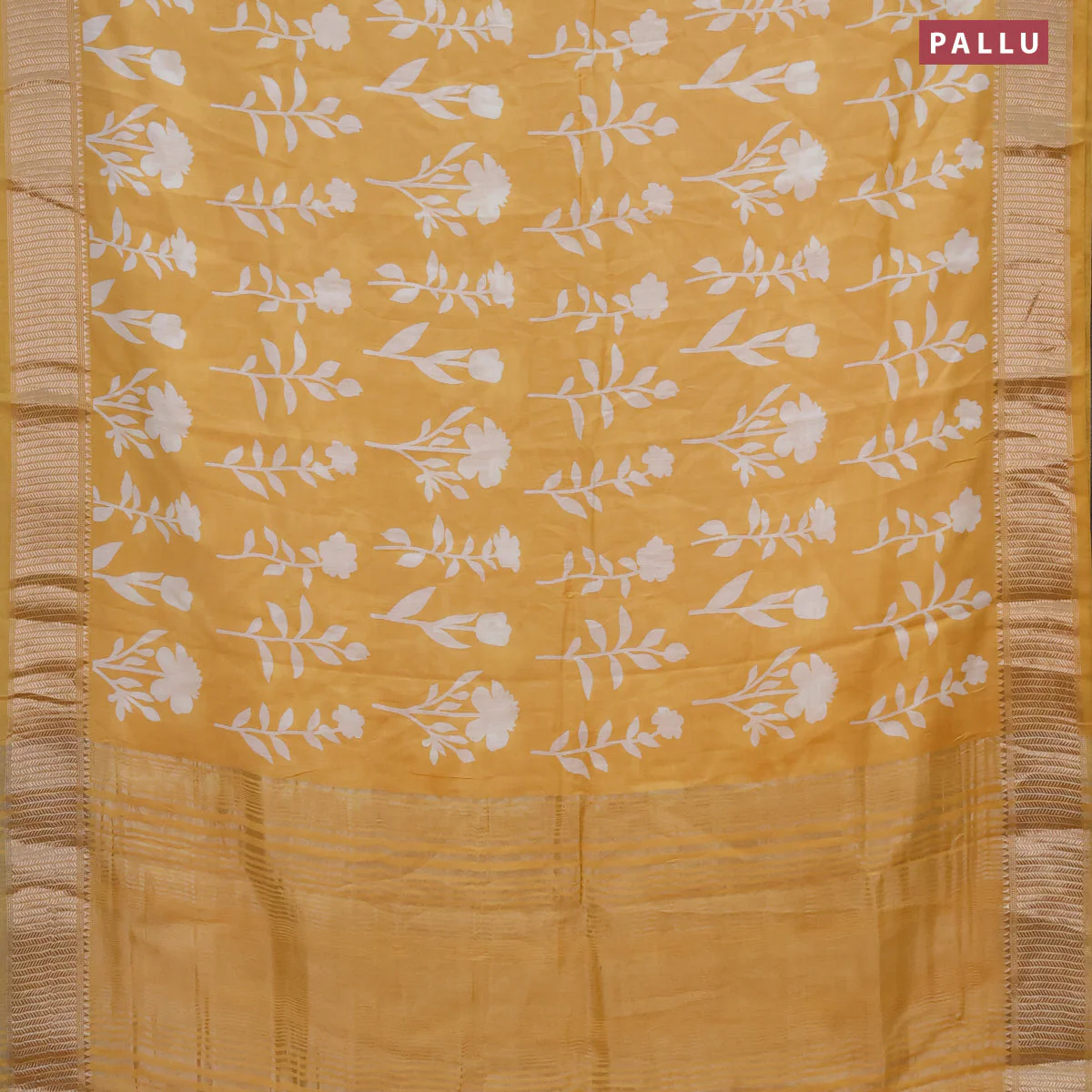 Assam silk saree yellow with floral butta prints and zari woven border - Image 3