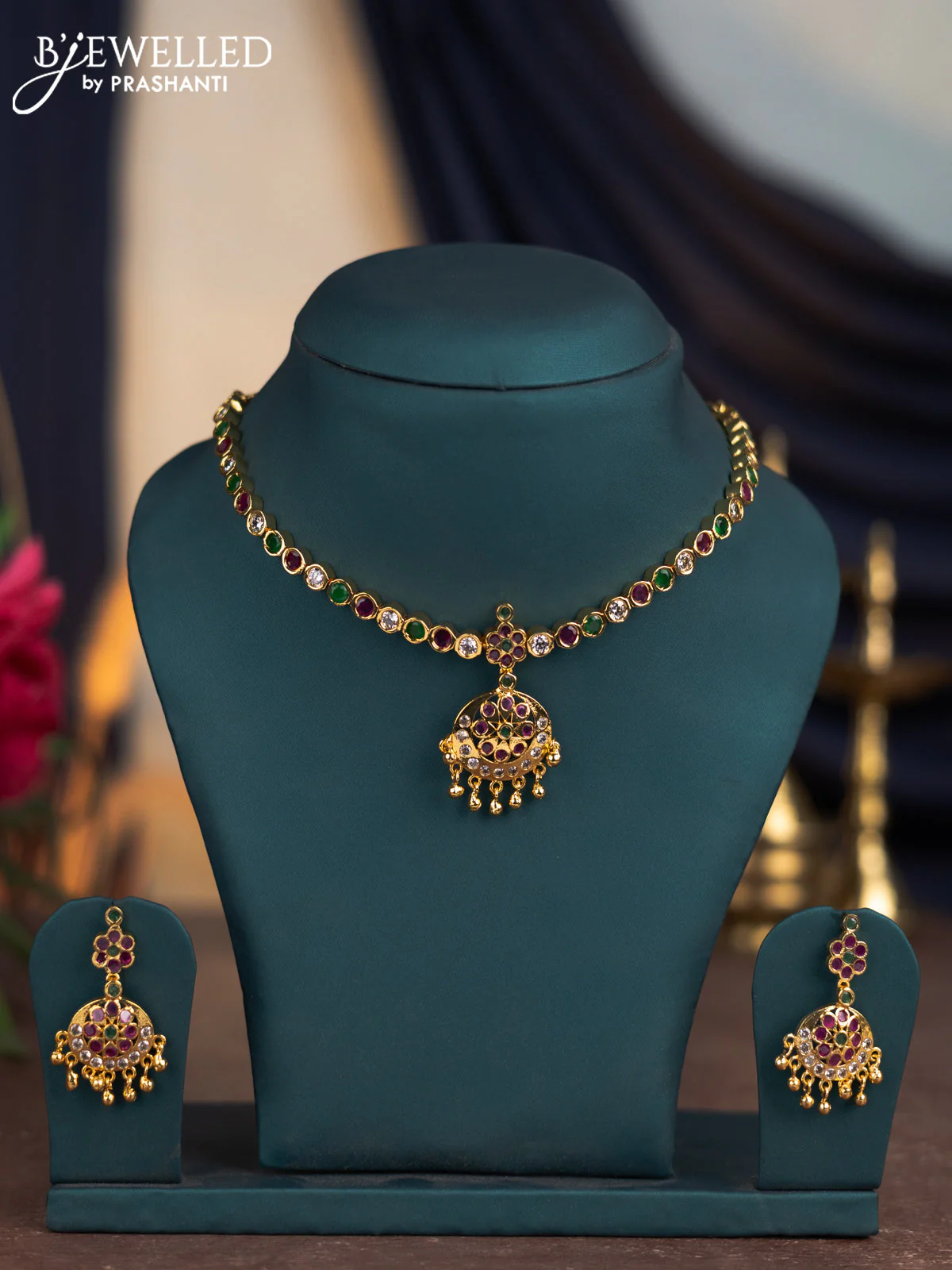 Attigai necklace with kemp & cz stones and golden beads hangings in gold finish