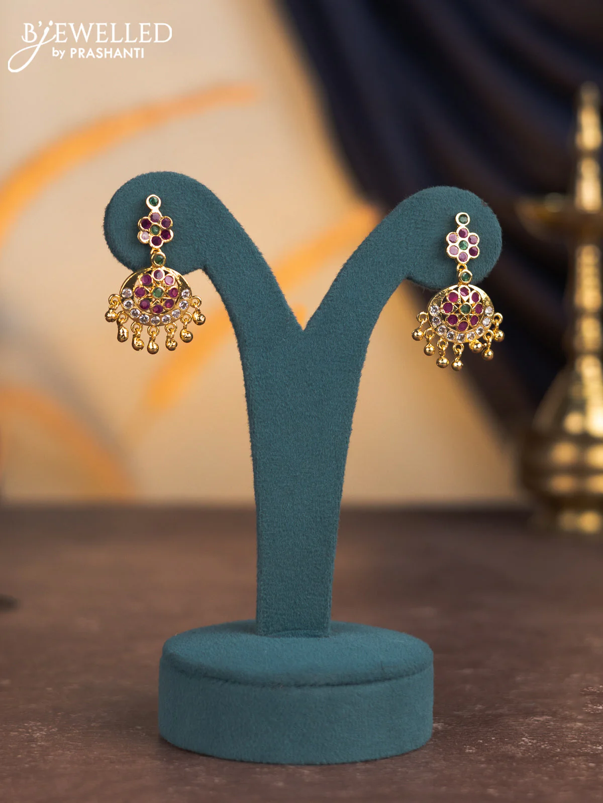 Attigai necklace with kemp & cz stones and golden beads hangings in gold finish - Image 2