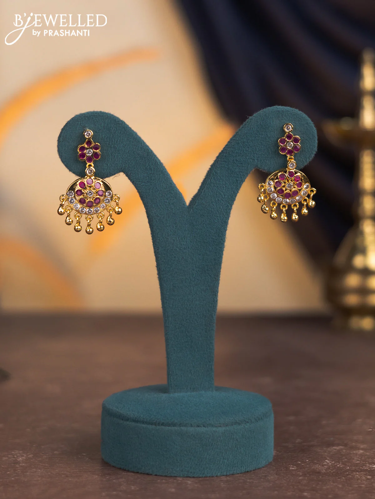 Attigai necklace with ruby & cz stones and golden beads hangings in gold finish - Image 2