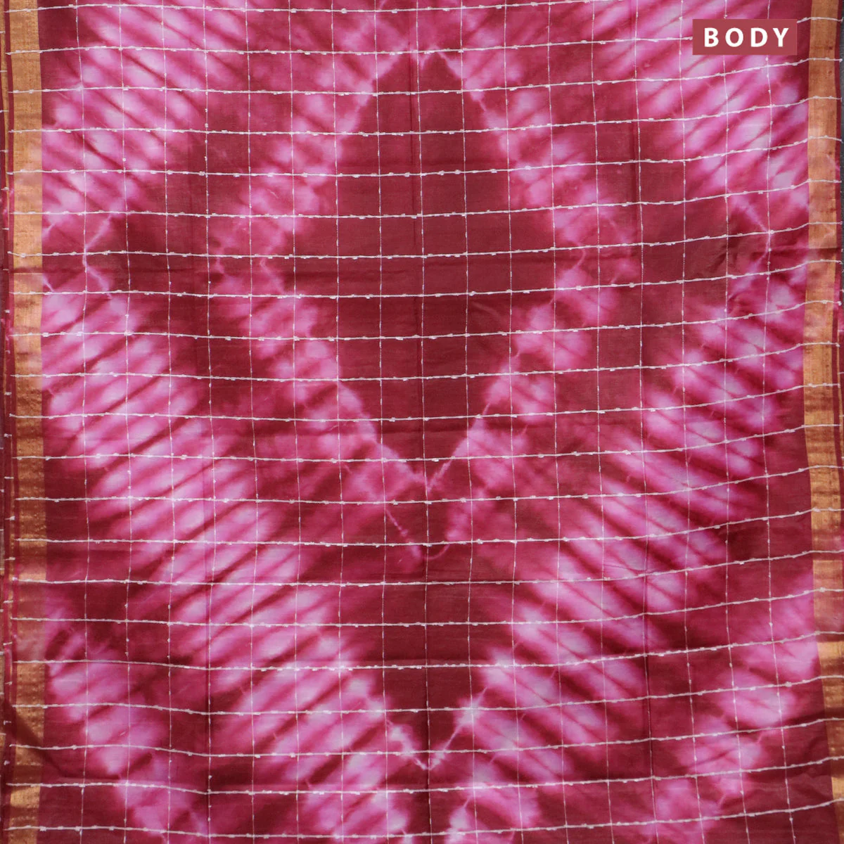 Bamboo saree maroon and light pink with allover thread checks & tie and dye prints and zari woven border - Image 2