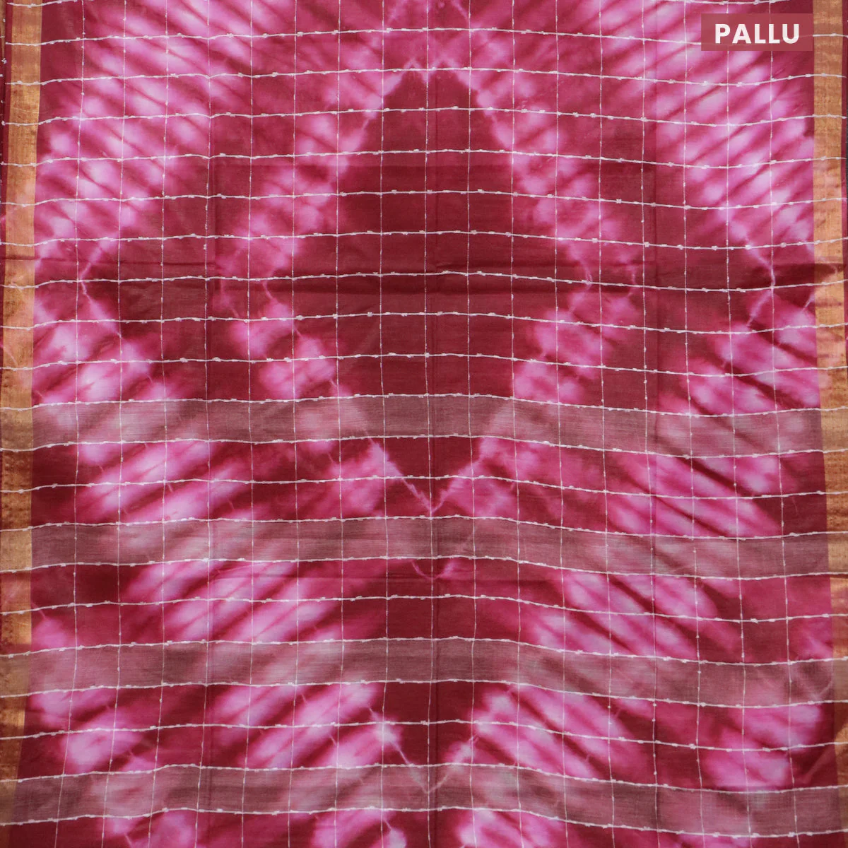 Bamboo saree maroon and light pink with allover thread checks & tie and dye prints and zari woven border - Image 3