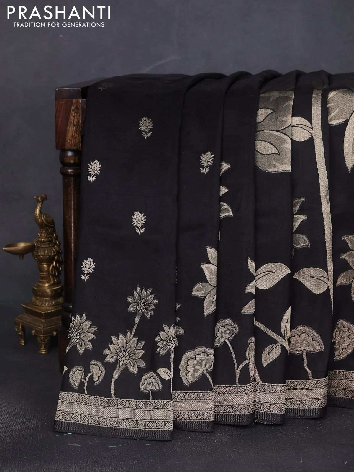 Banarasi art silk saree black with allover floral zari woven brocade weaves and zari woven border - Image 2