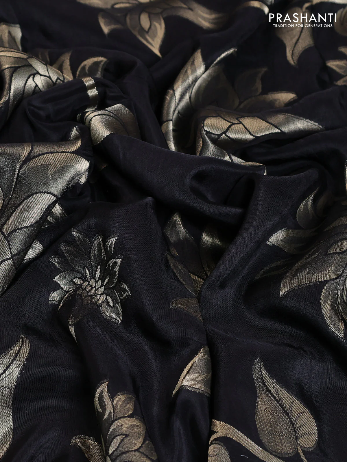 Banarasi art silk saree black with allover floral zari woven brocade weaves and zari woven border - Image 3