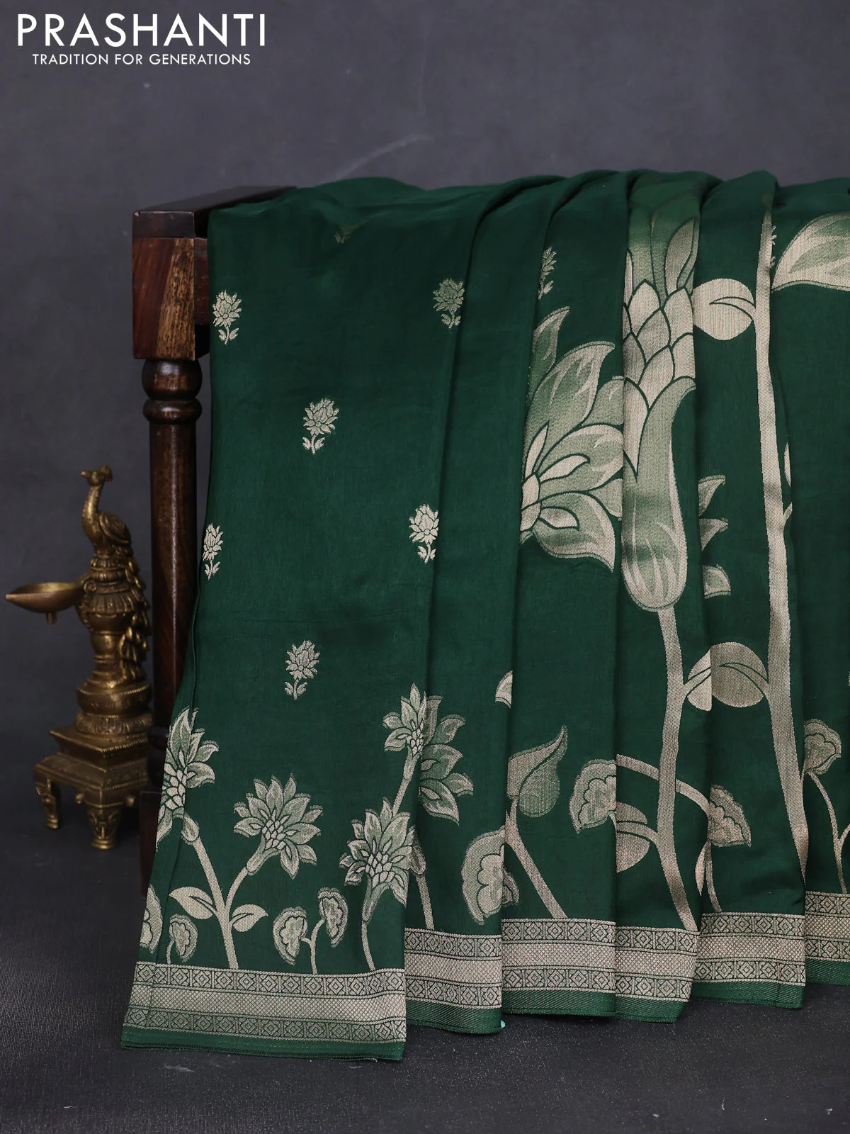 Banarasi art silk saree green with allover floral zari woven brocade weaves and zari woven border - Image 3