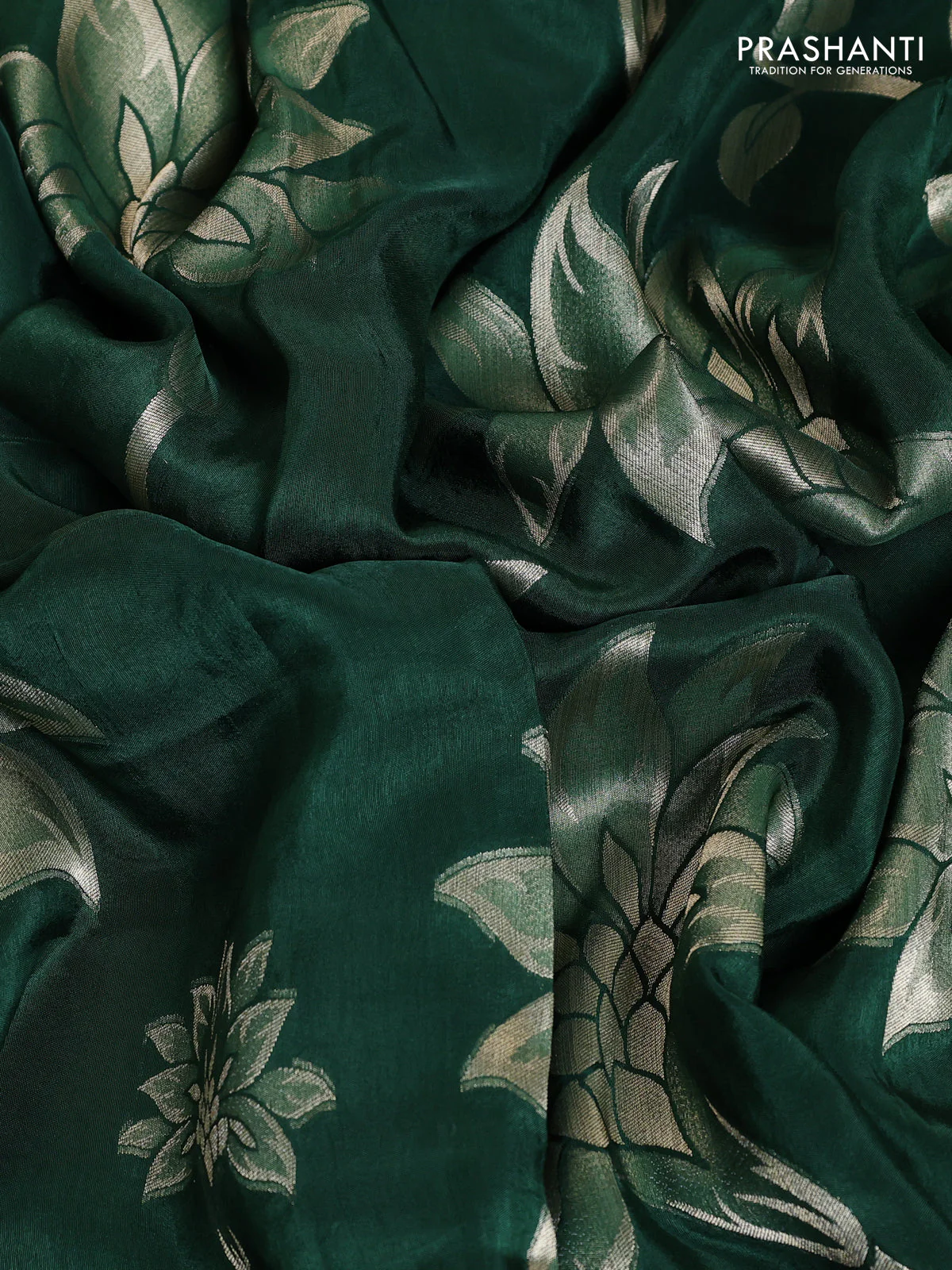 Banarasi art silk saree green with allover floral zari woven brocade weaves and zari woven border - Image 4