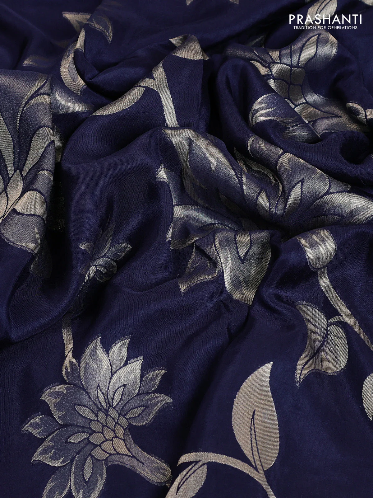 Banarasi art silk saree navy blue with allover floral zari woven brocade weaves and zari woven border - Image 3