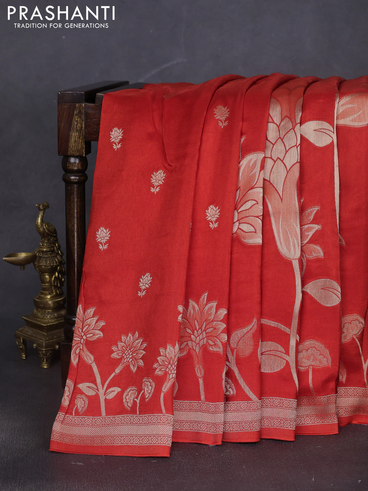 Banarasi art silk saree red with allover floral zari woven brocade weaves and zari woven border - Image 2