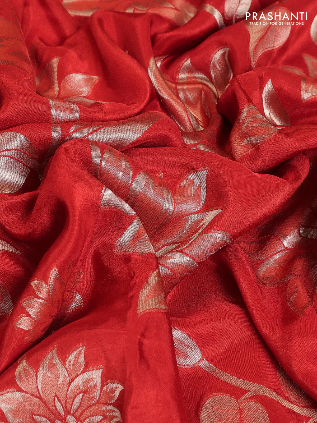 Banarasi art silk saree red with allover floral zari woven brocade weaves and zari woven border - Image 3