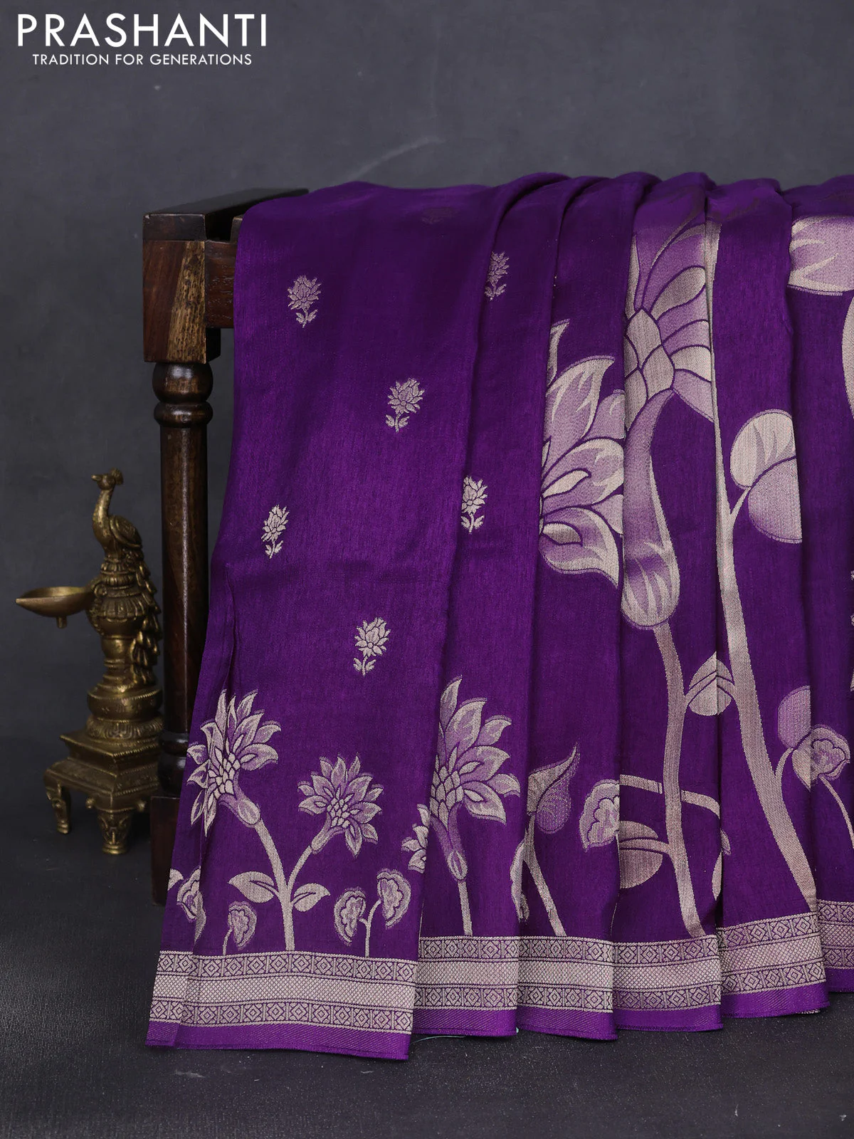 Banarasi art silk saree violet with allover floral zari woven brocade weaves and zari woven border - Image 2
