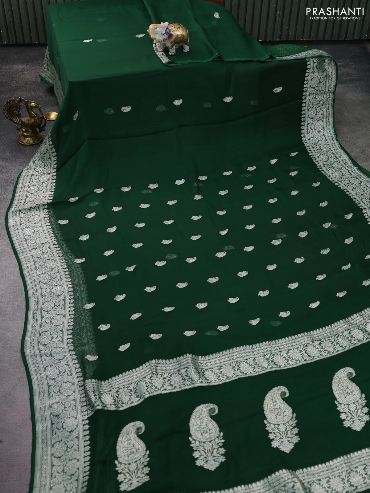 Banarasi chiffon silk saree green with silver zari woven buttas and silver zari woven floral border - Image 2