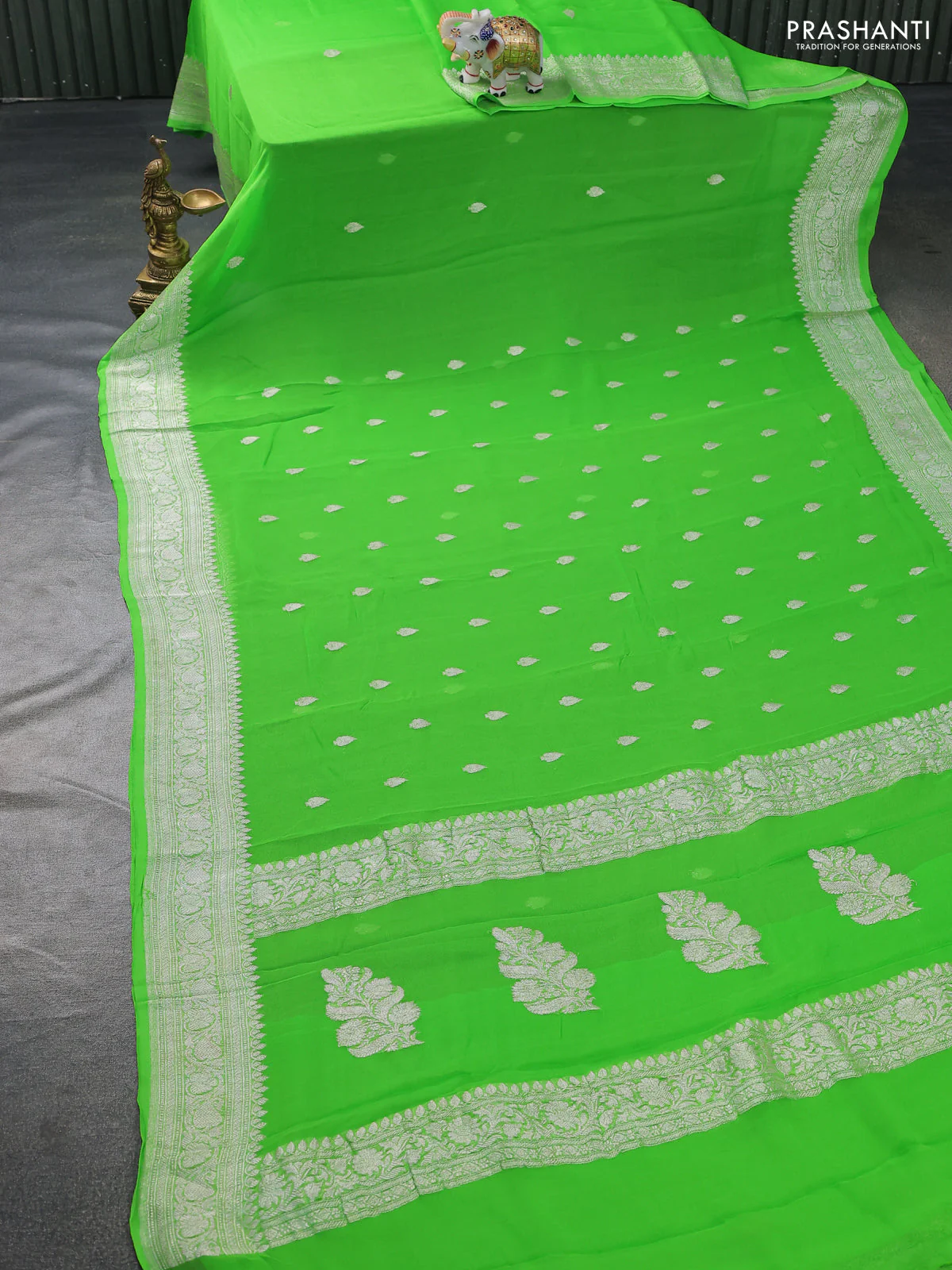 Banarasi chiffon silk saree light green with silver zari woven buttas and silver zari woven border - Image 2