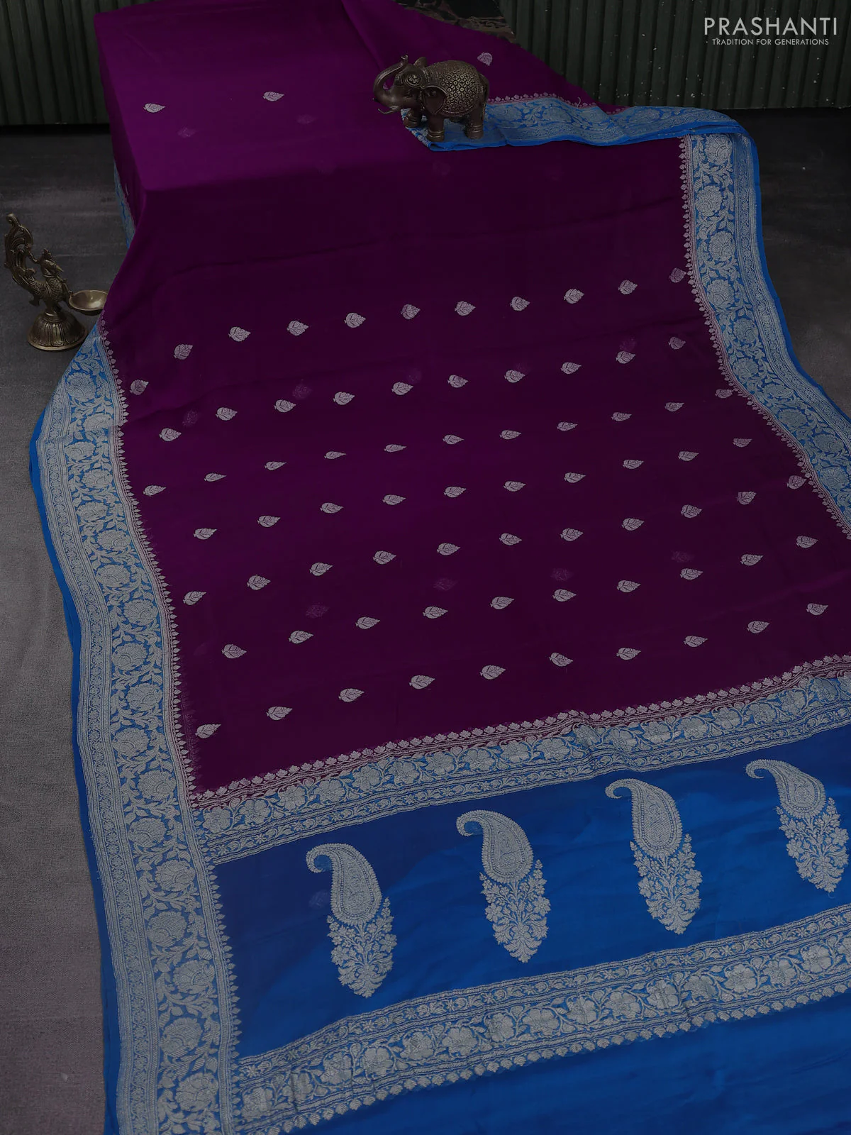 Banarasi chiffon silk saree purple and cs blue with silver zari woven buttas and silver zari woven floral border - Image 2