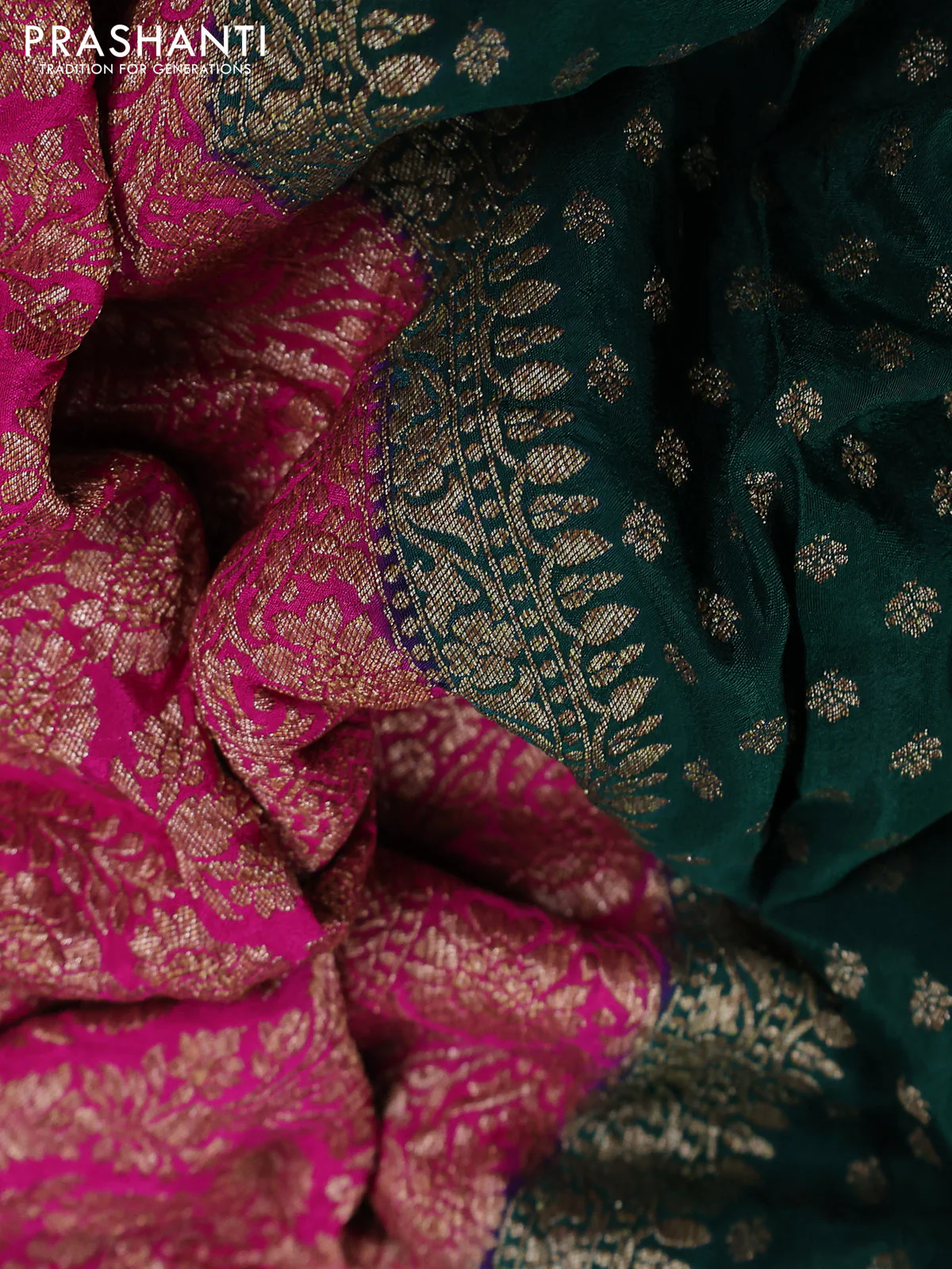 Banarasi crepe partly saree green and pink with woven buttas and woven border - Image 3