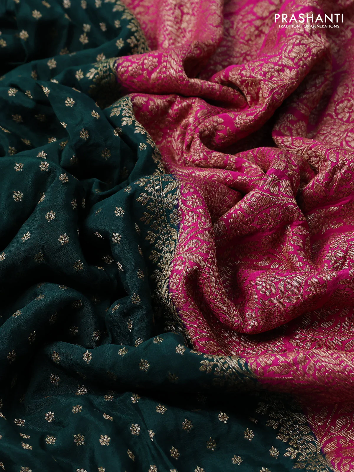 Banarasi crepe partly saree green and pink with woven buttas and woven border - Image 3
