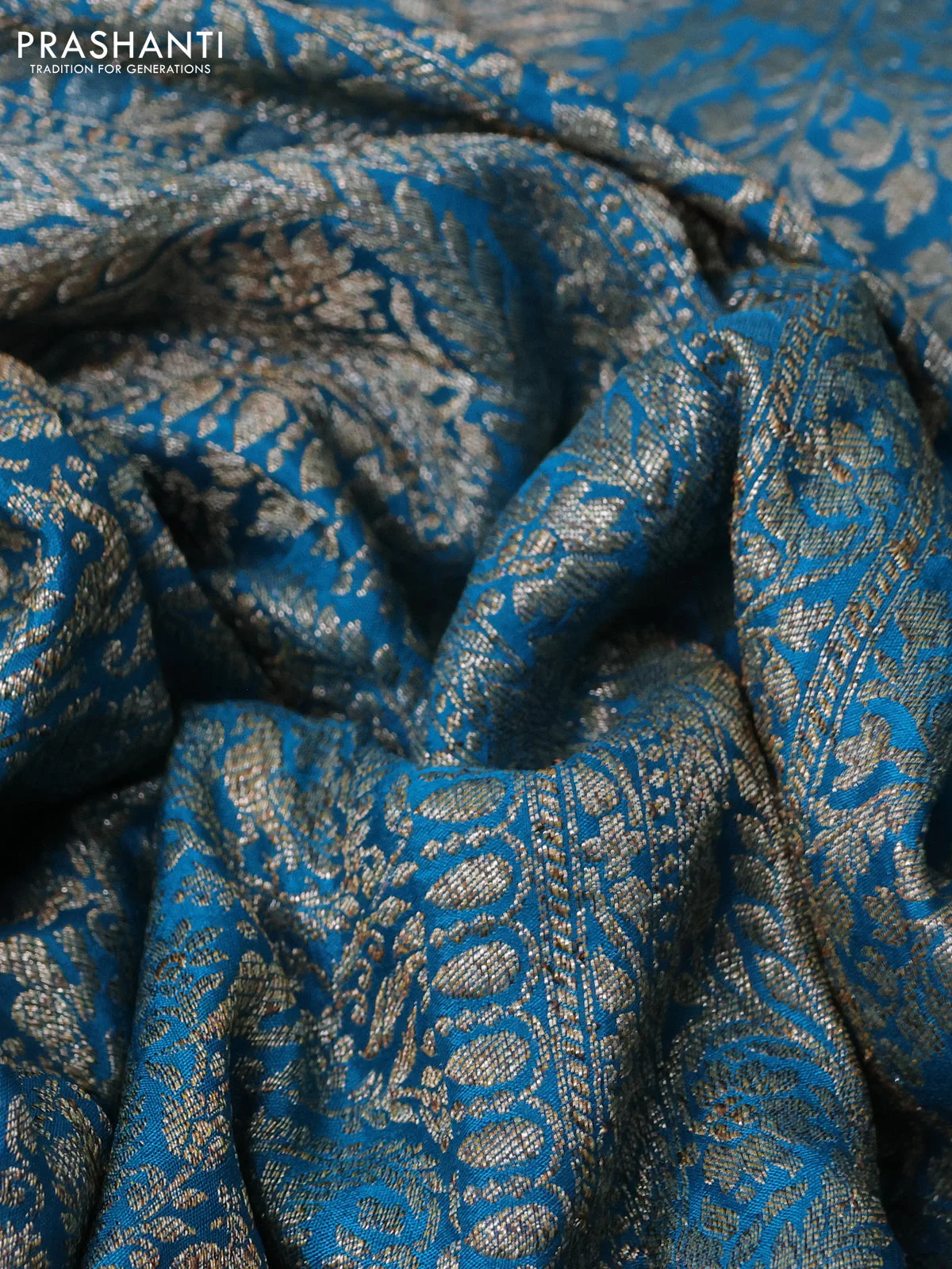 Banarasi crepe saree blue with allover thread & zari weaves and woven border - Image 2