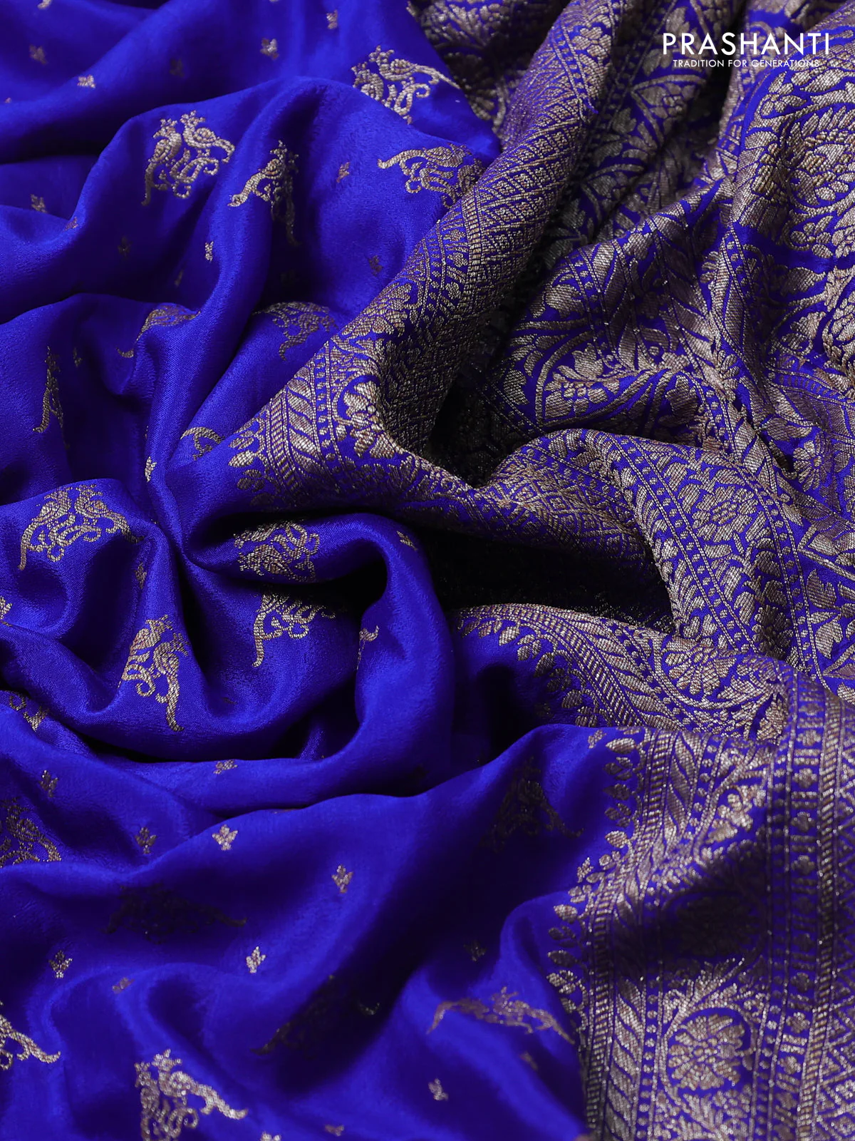 Banarasi crepe saree blue with allover thread & zari woven buttas and woven border - Image 3