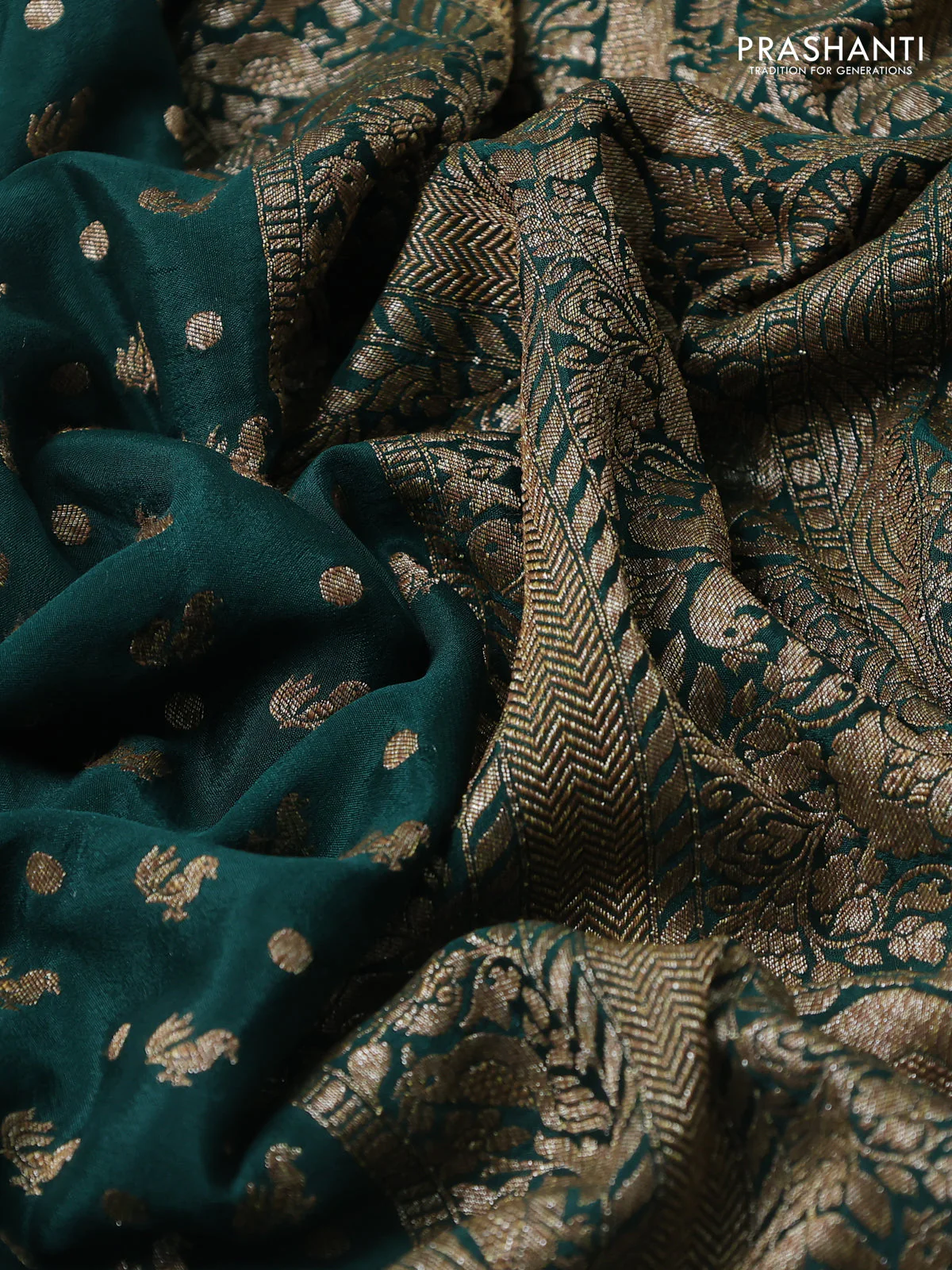Banarasi crepe saree bottle green with allover thread & zari woven buttas and woven border - Image 3