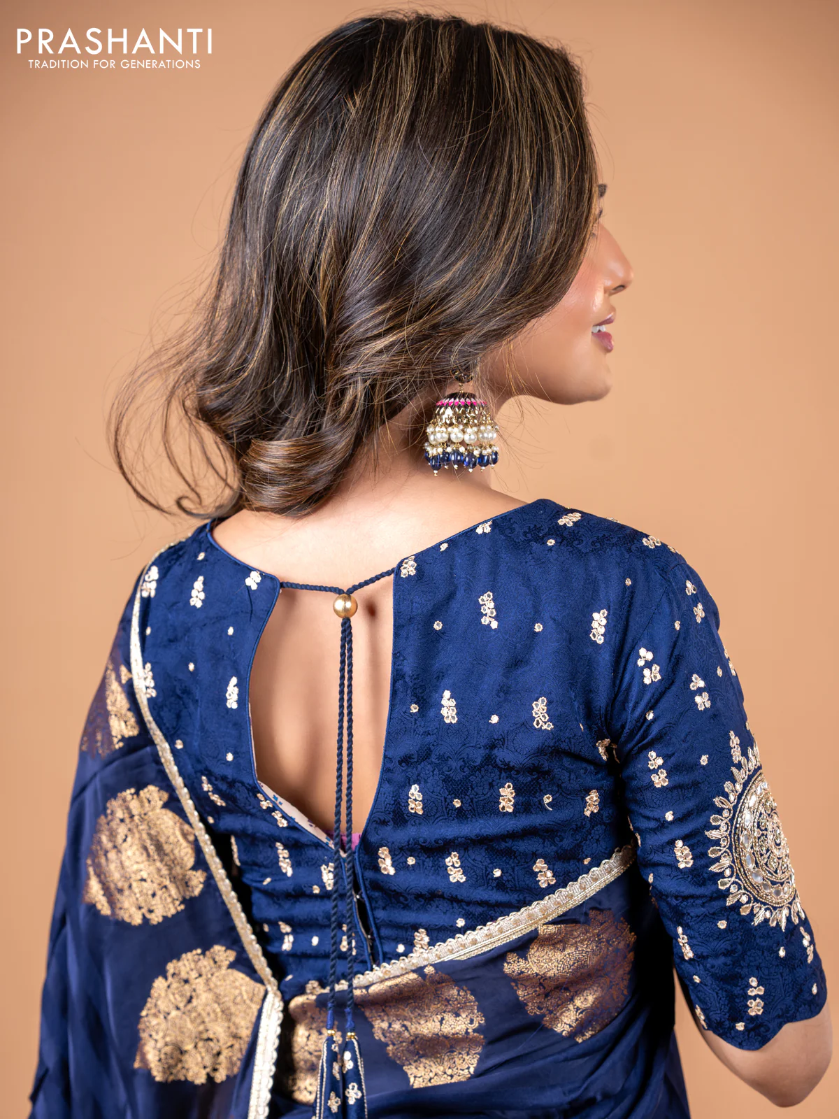 Banarasi crepe saree dark blue with stripes pattern and mirror work & banarasi style border - Image 10