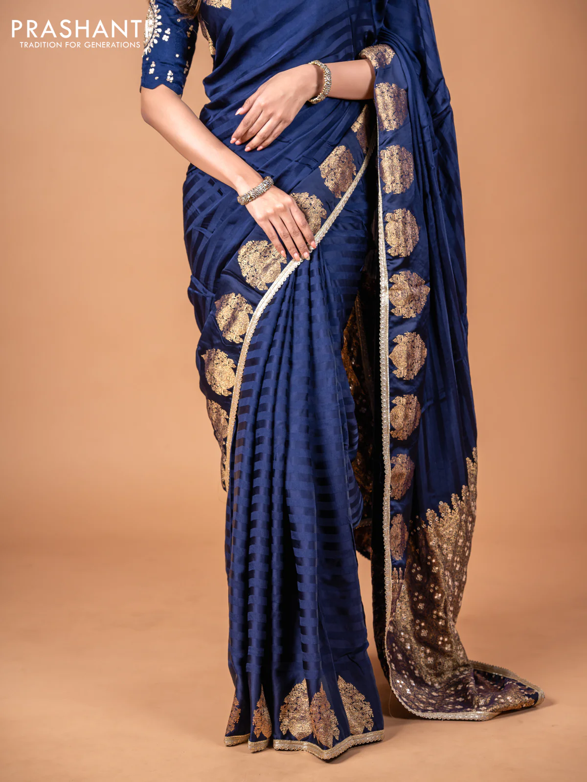 Banarasi crepe saree dark blue with stripes pattern and mirror work & banarasi style border - Image 11