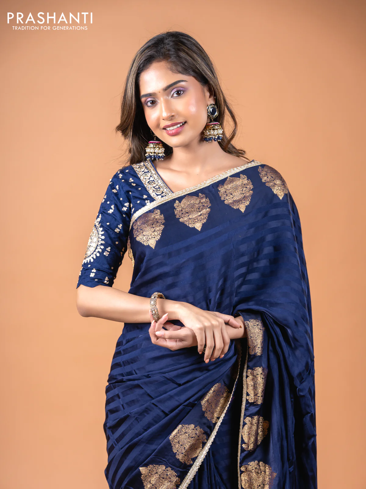 Banarasi crepe saree dark blue with stripes pattern and mirror work & banarasi style border - Image 2