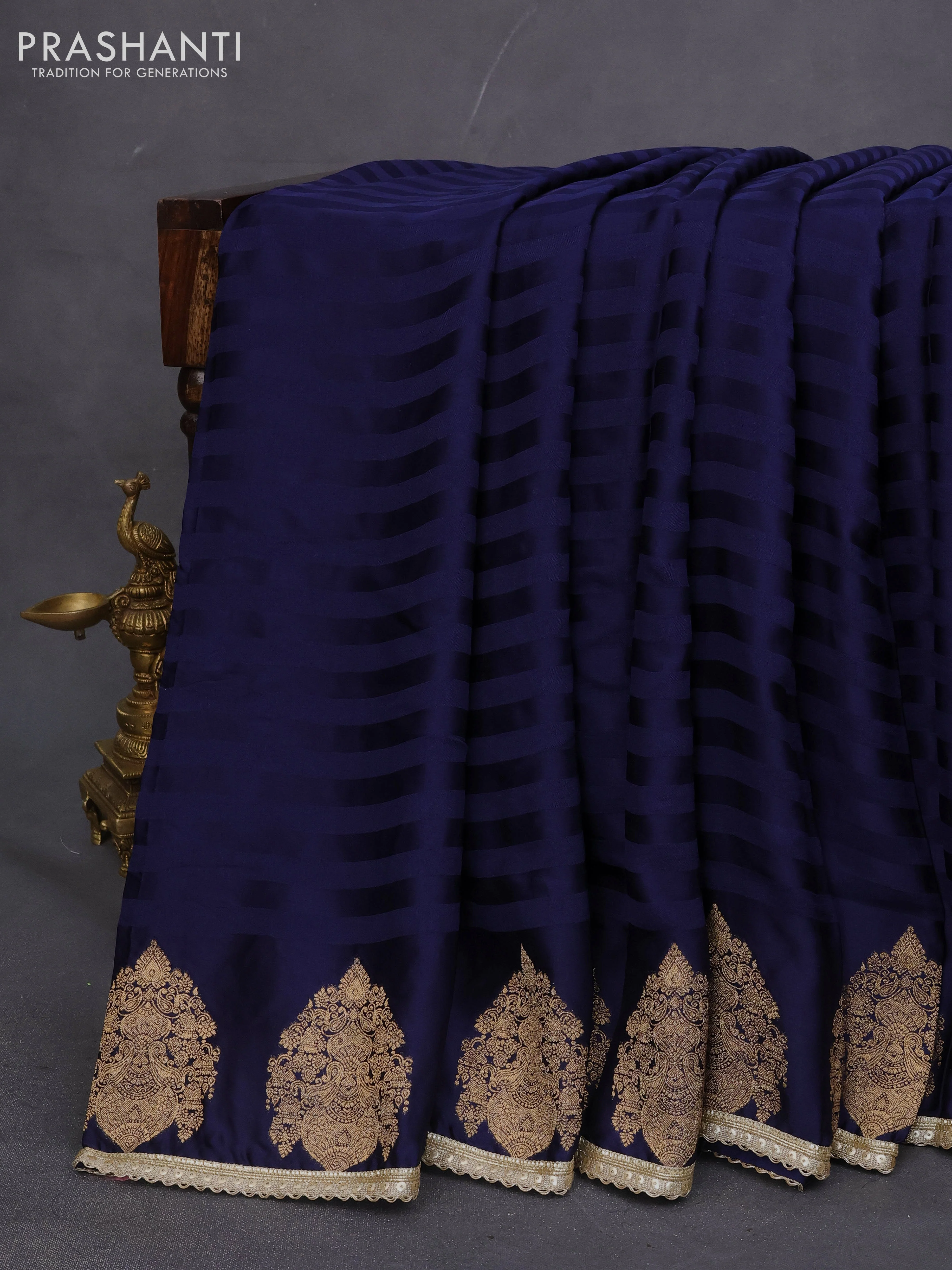 Banarasi crepe saree dark blue with stripes pattern and mirror work & banarasi style border - Image 3