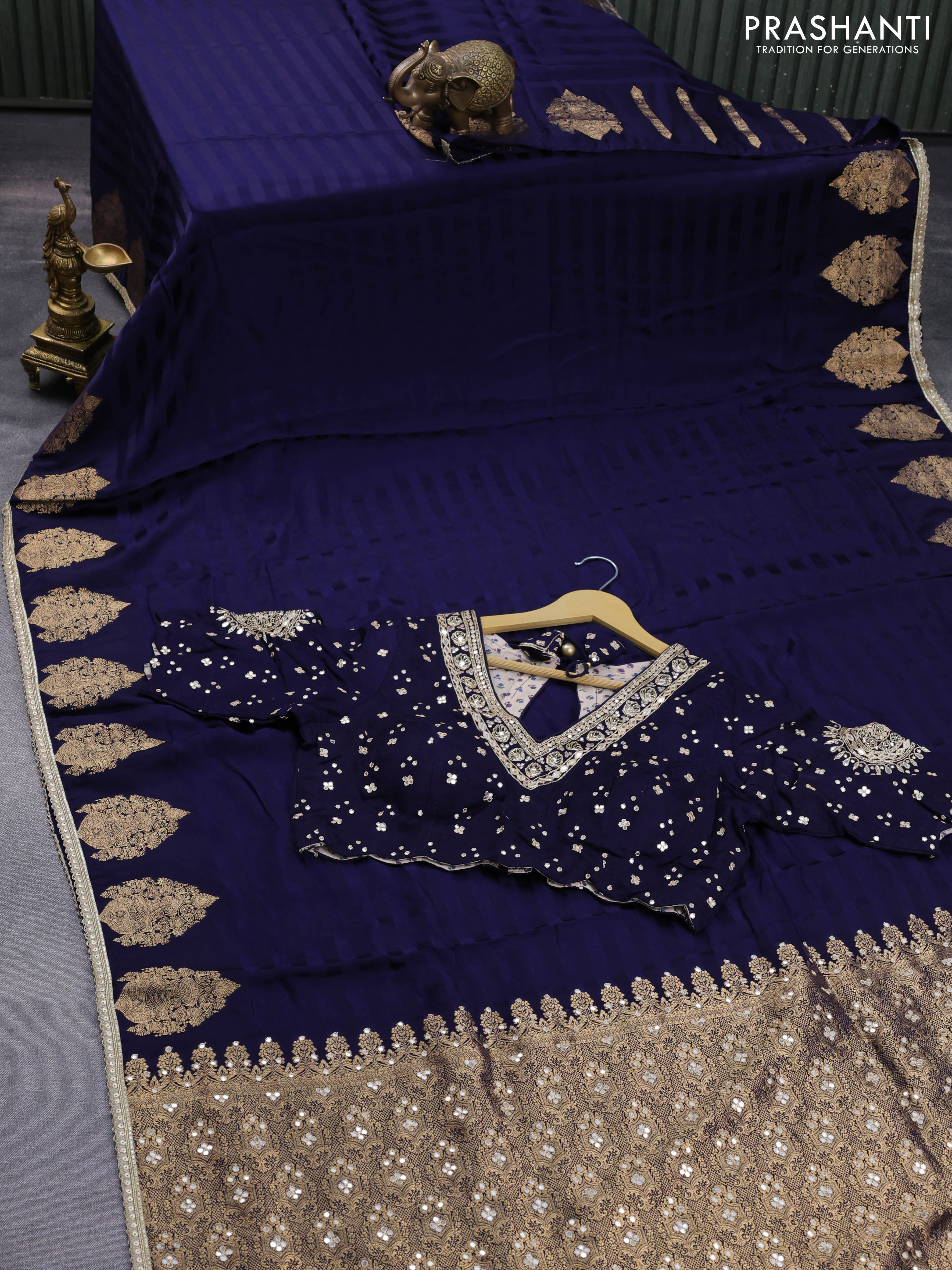 Banarasi crepe saree dark blue with stripes pattern and mirror work & banarasi style border - Image 4