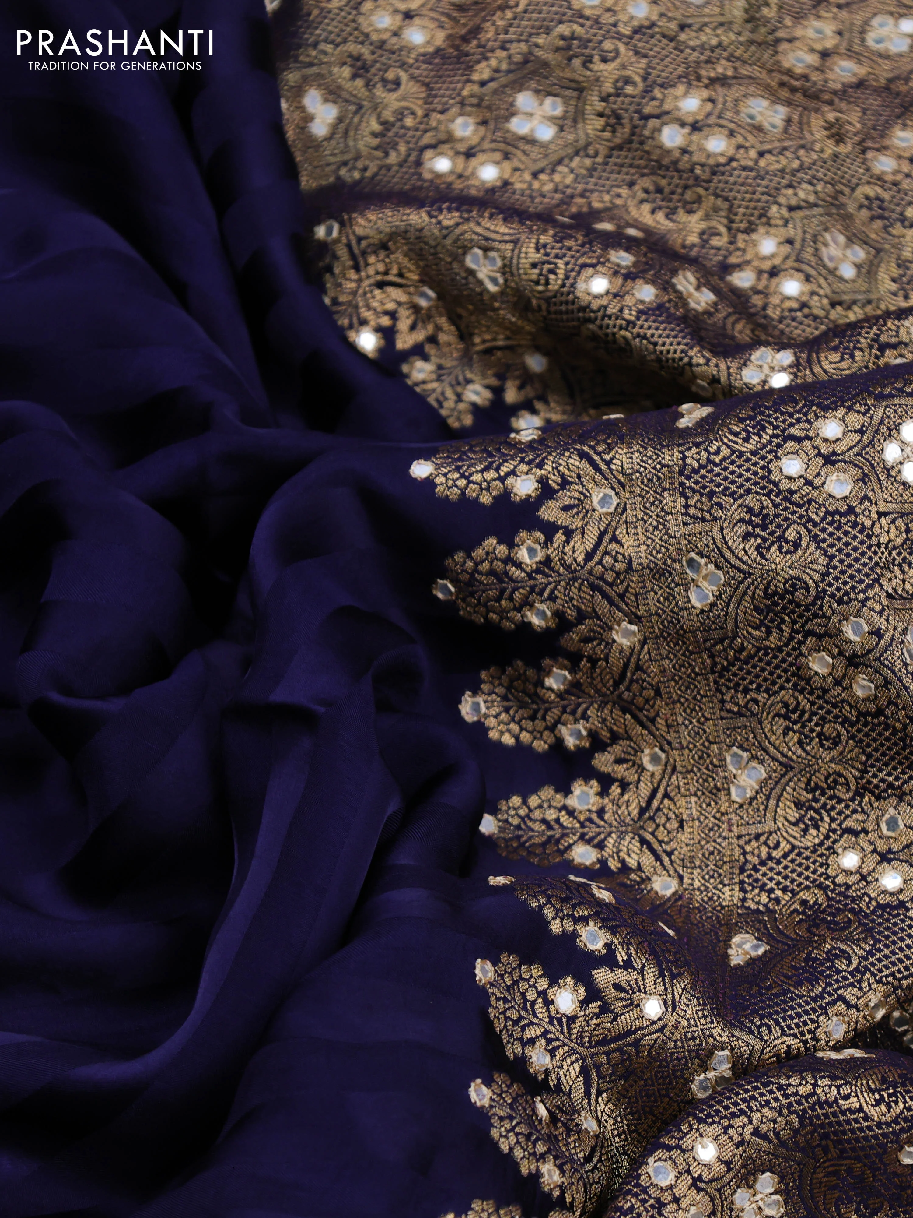Banarasi crepe saree dark blue with stripes pattern and mirror work & banarasi style border - Image 5