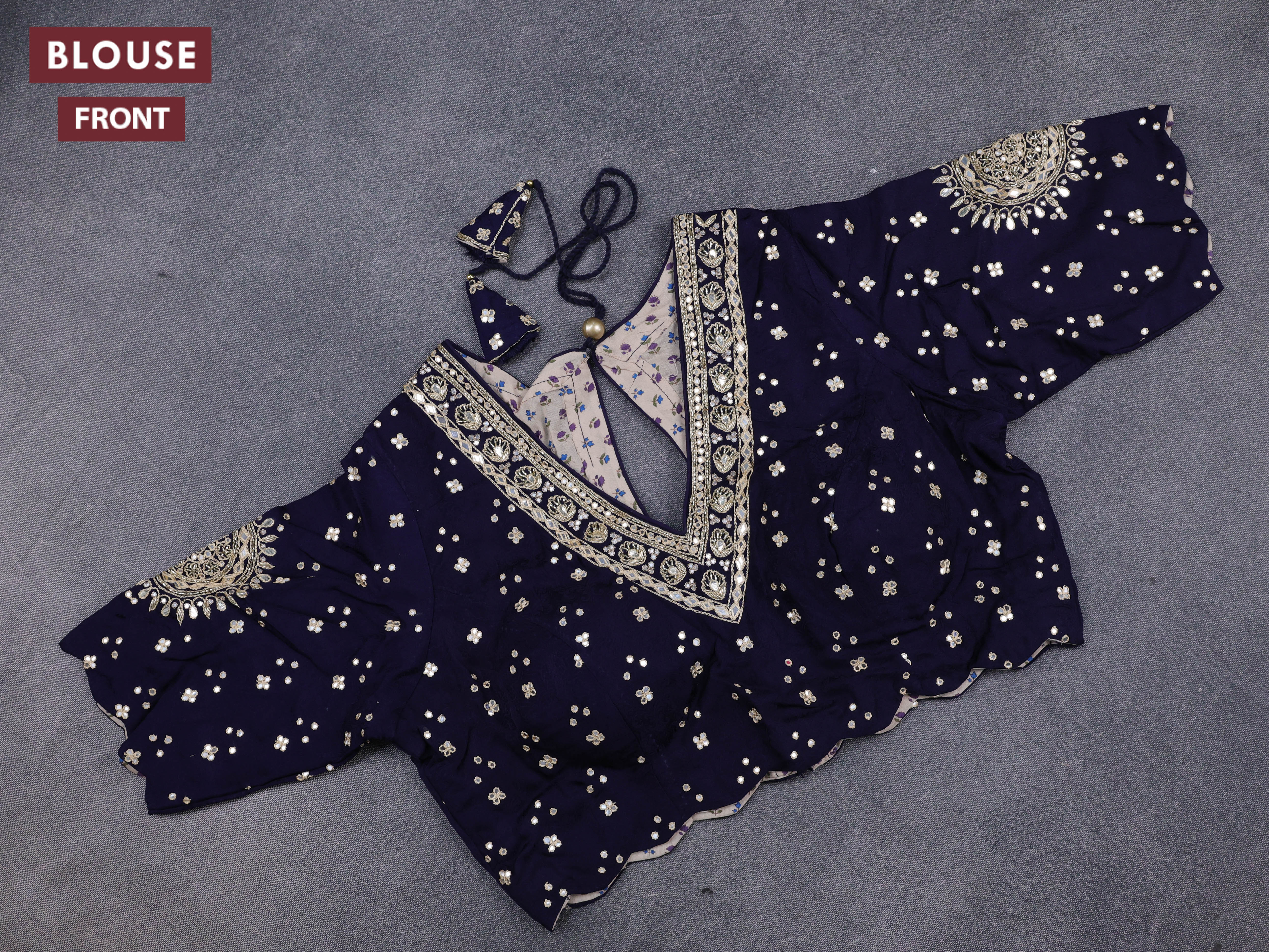 Banarasi crepe saree dark blue with stripes pattern and mirror work & banarasi style border - Image 6