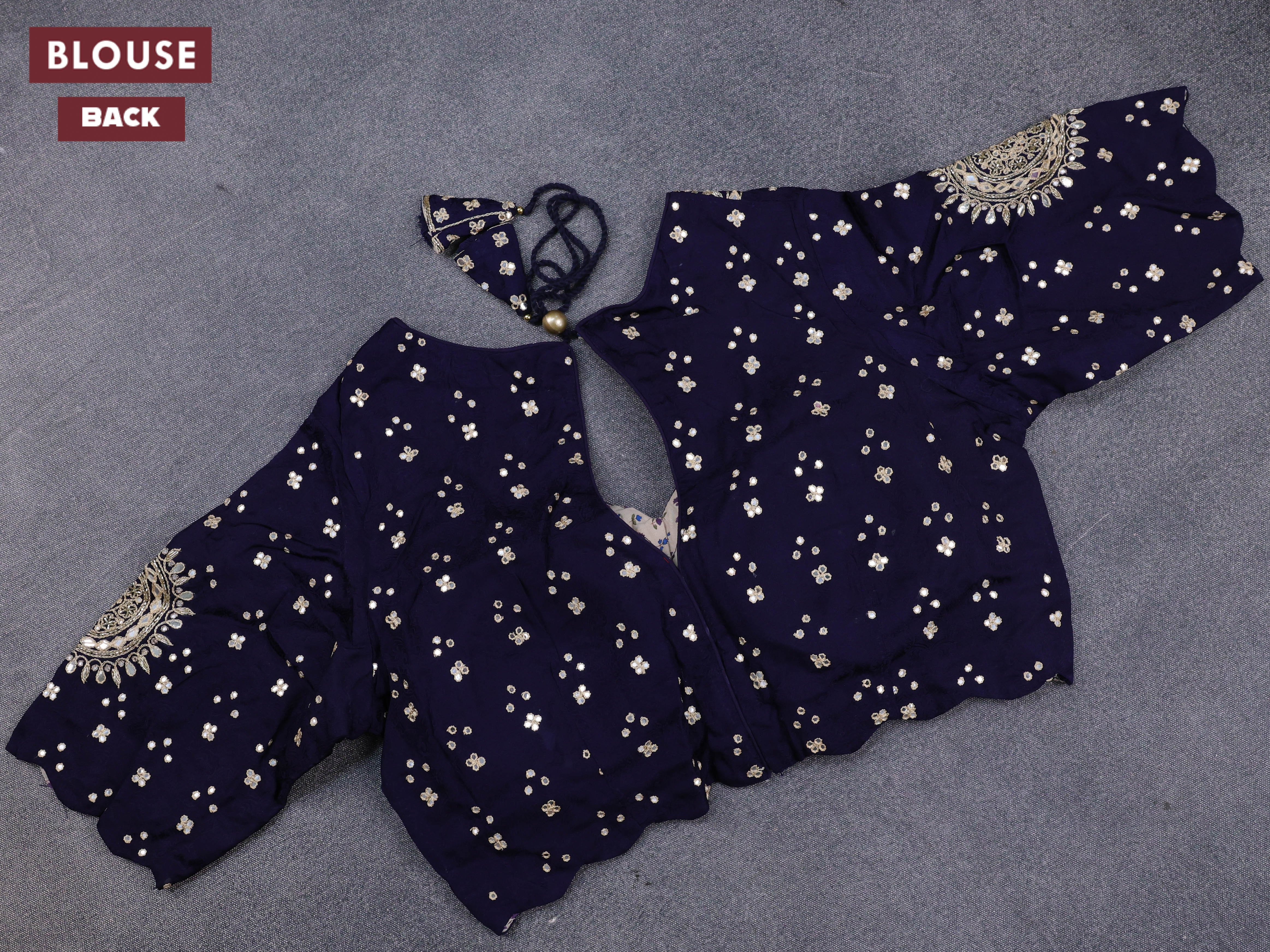 Banarasi crepe saree dark blue with stripes pattern and mirror work & banarasi style border - Image 7