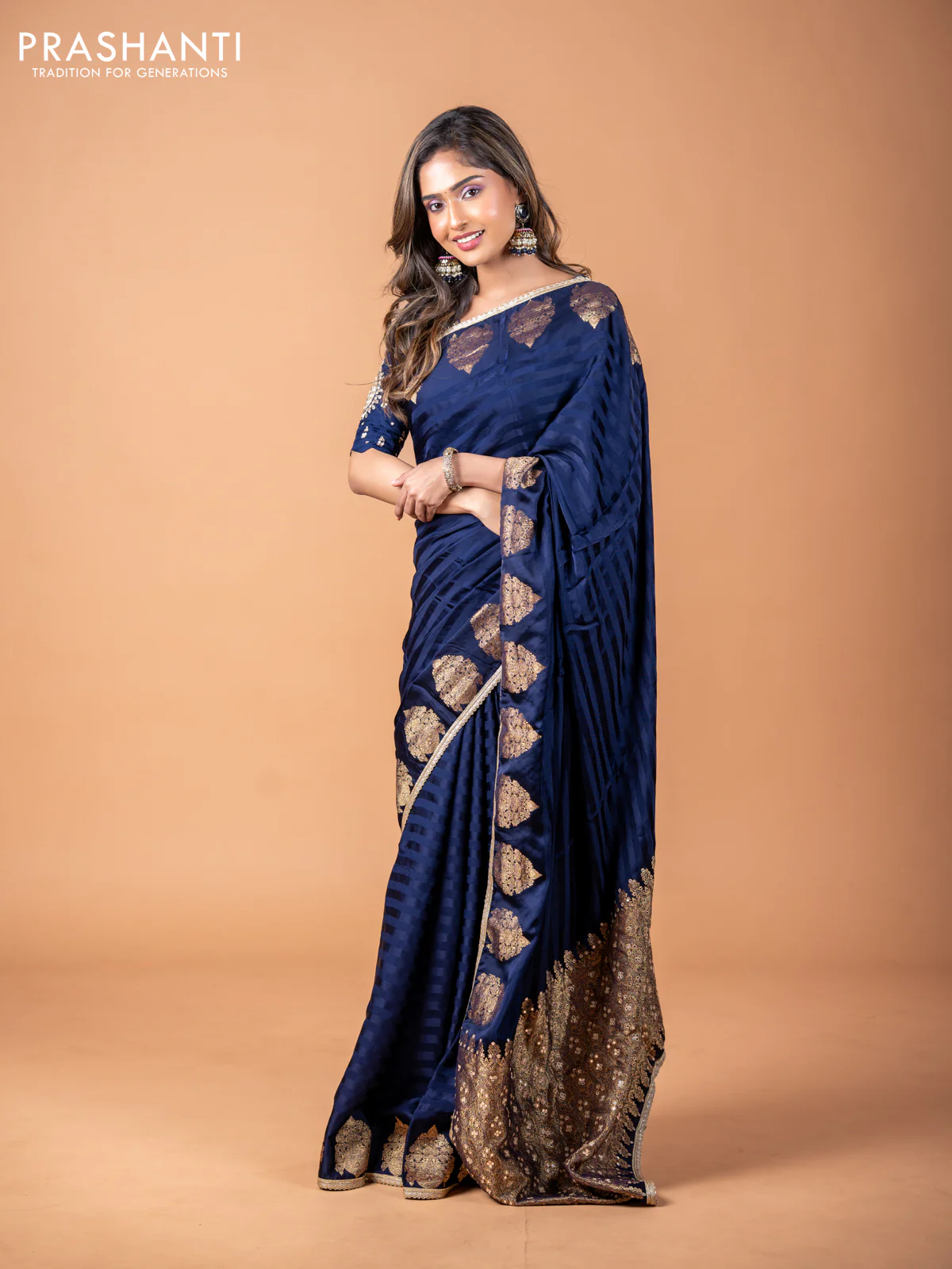 Banarasi crepe saree dark blue with stripes pattern and mirror work & banarasi style border - Image 8