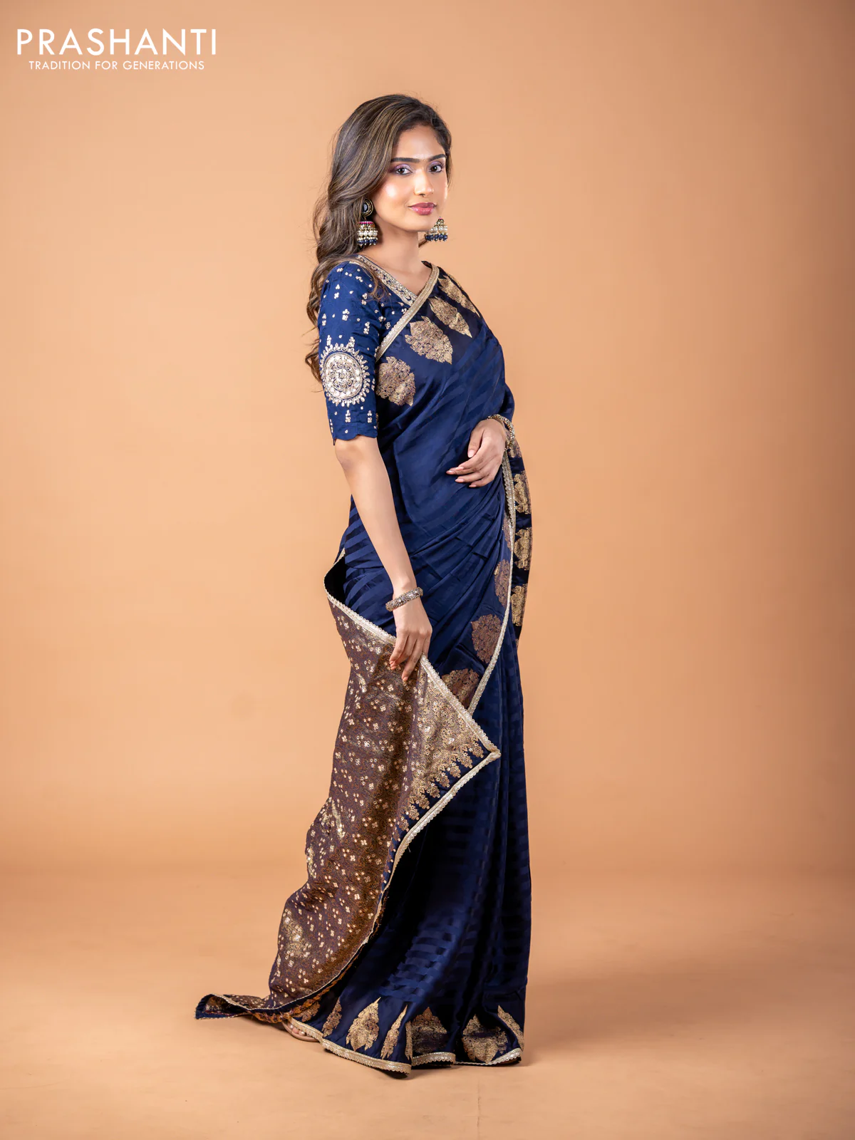 Banarasi crepe saree dark blue with stripes pattern and mirror work & banarasi style border - Image 9