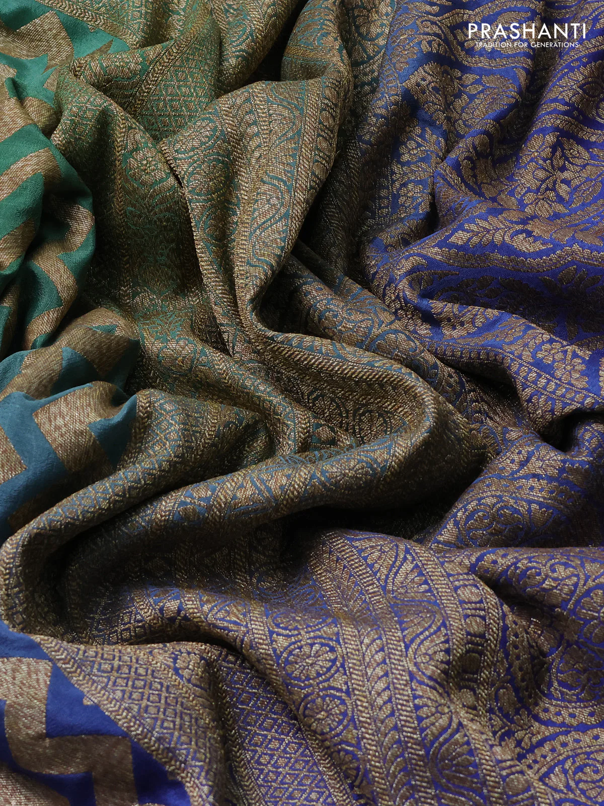 Banarasi crepe saree green and blue with allover thread & zari zig zag weaves and woven border - Image 3