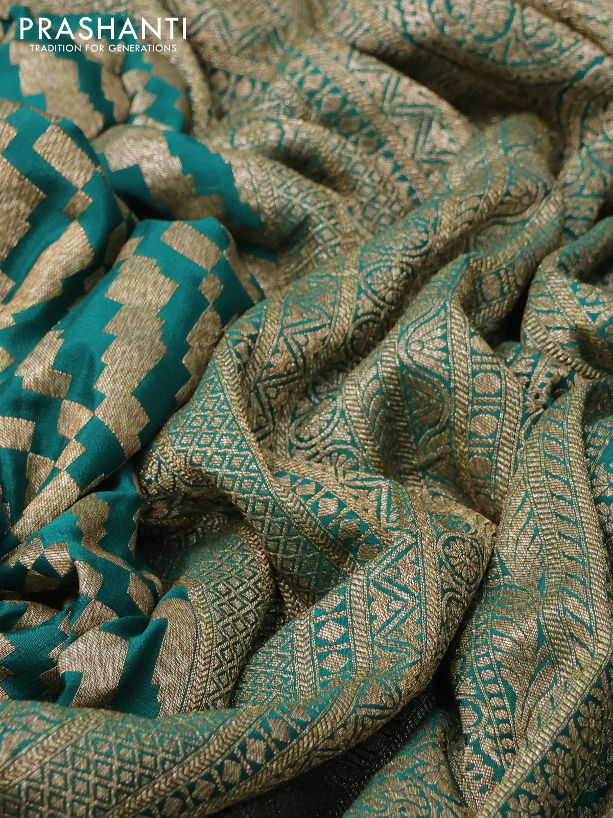 Banarasi crepe saree green and peacock blue with allover geometric zari weaves and woven border - Image 2