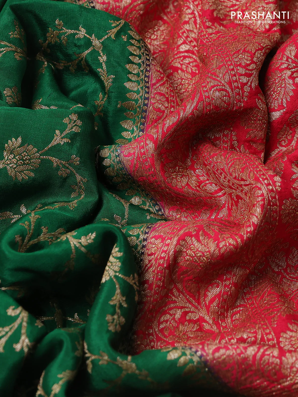 Banarasi crepe saree green and pink with allover thread & zari weaves and woven border - Image 3