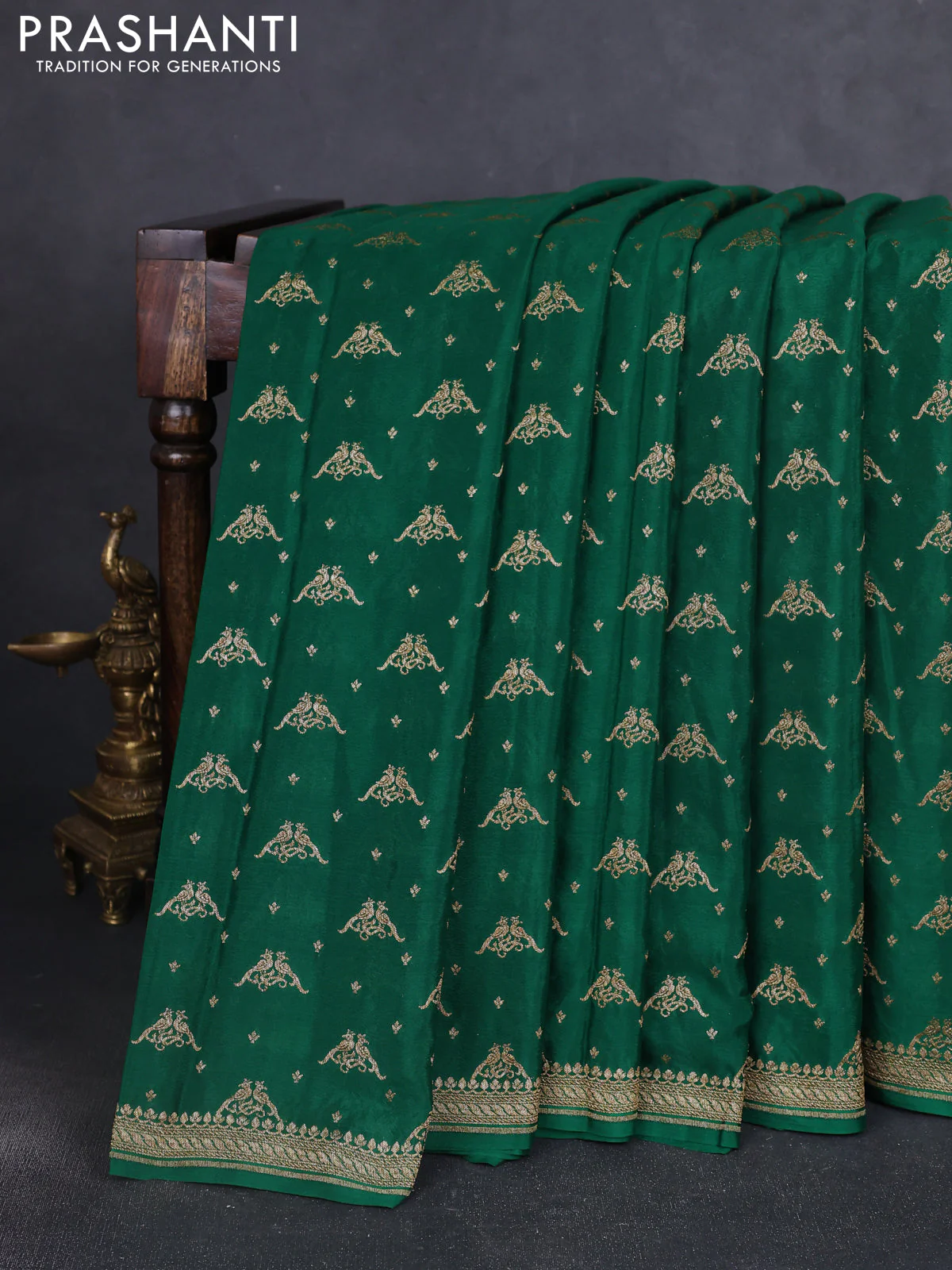 Banarasi crepe saree green with allover thread & zari woven buttas and woven border