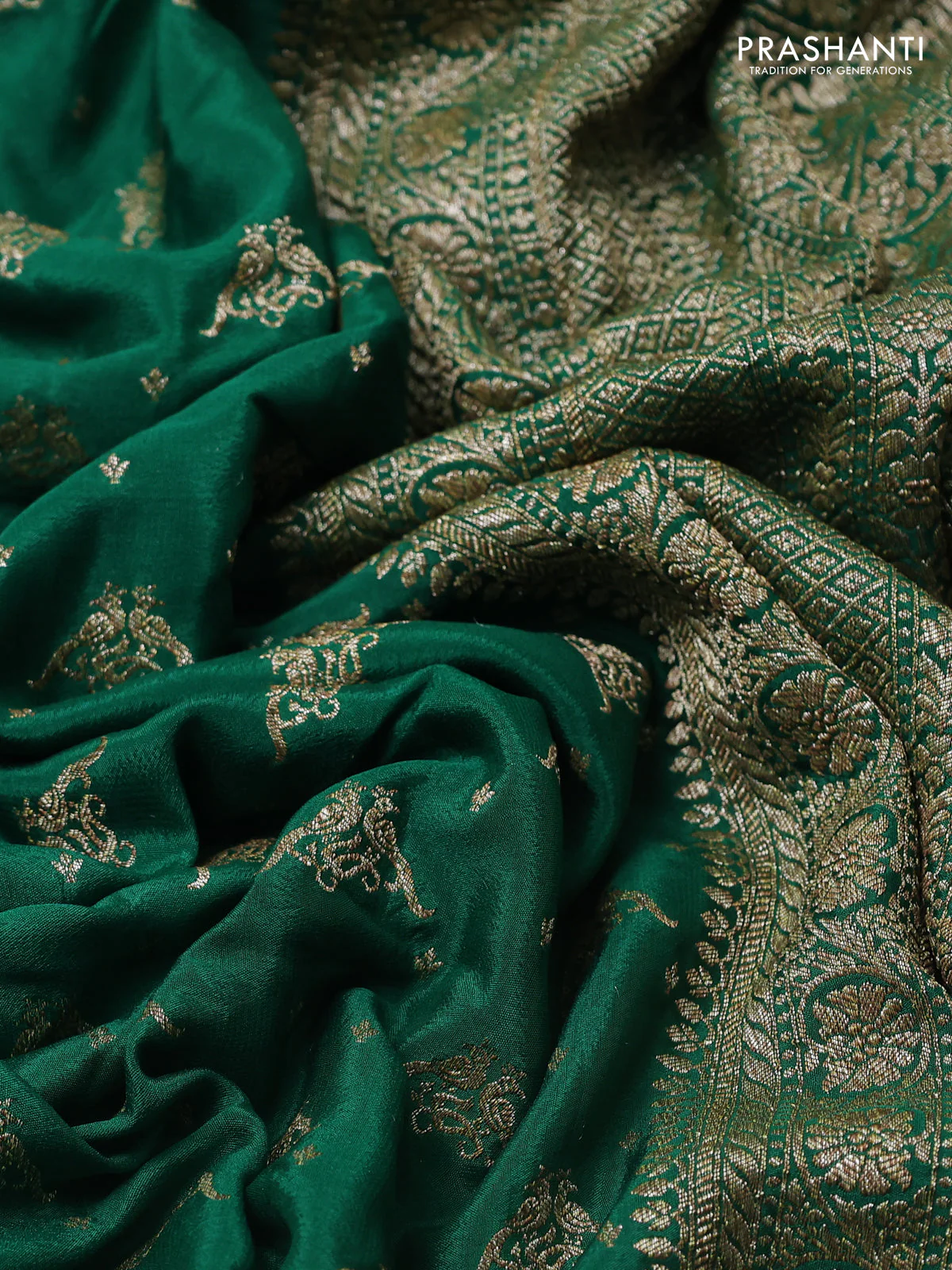Banarasi crepe saree green with allover thread & zari woven buttas and woven border - Image 3