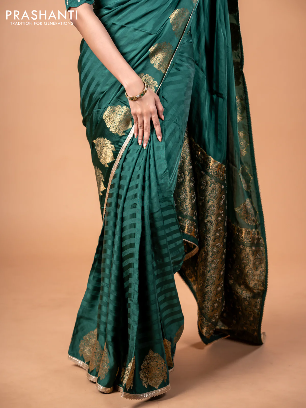 Banarasi crepe saree green with stripes pattern and mirror work & banarasi style border - Image 10