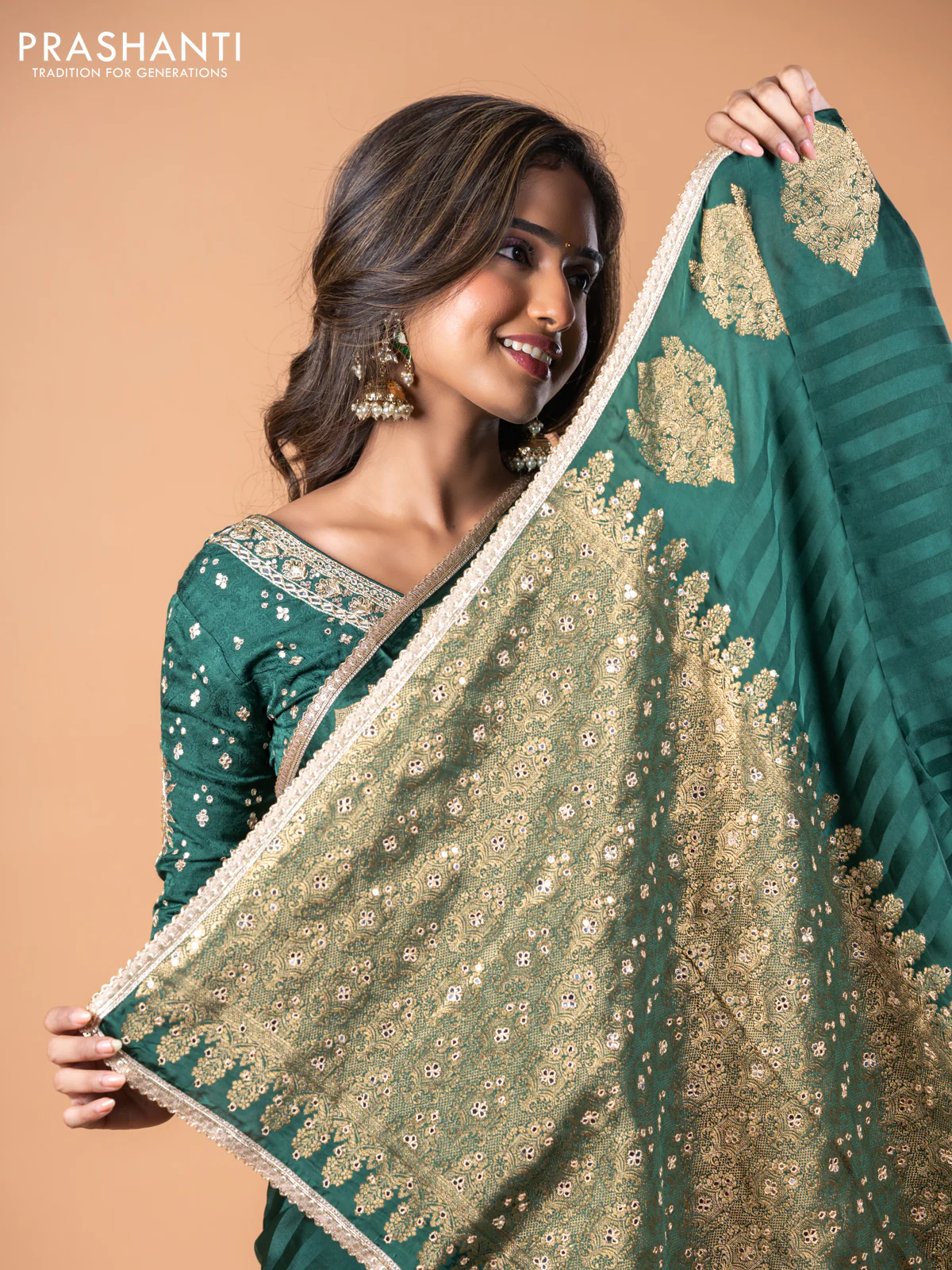 Banarasi crepe saree green with stripes pattern and mirror work & banarasi style border - Image 11