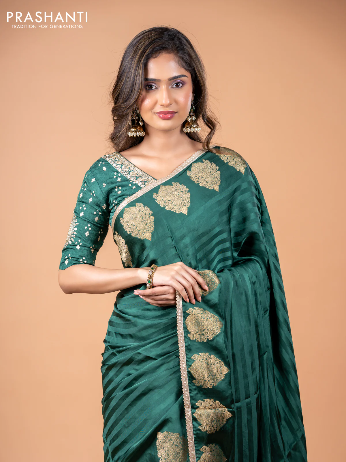 Banarasi crepe saree green with stripes pattern and mirror work & banarasi style border - Image 2