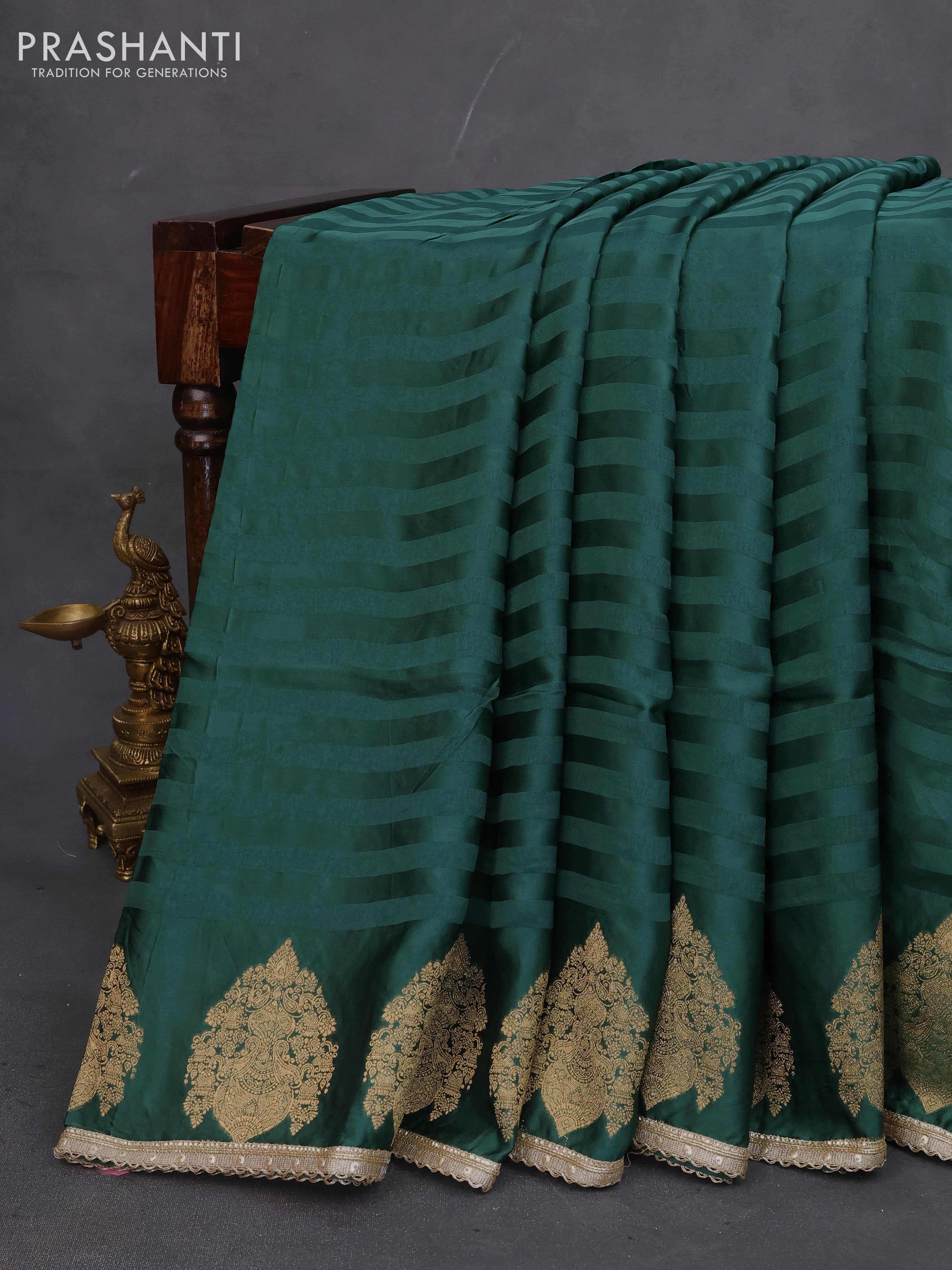 Banarasi crepe saree green with stripes pattern and mirror work & banarasi style border - Image 3